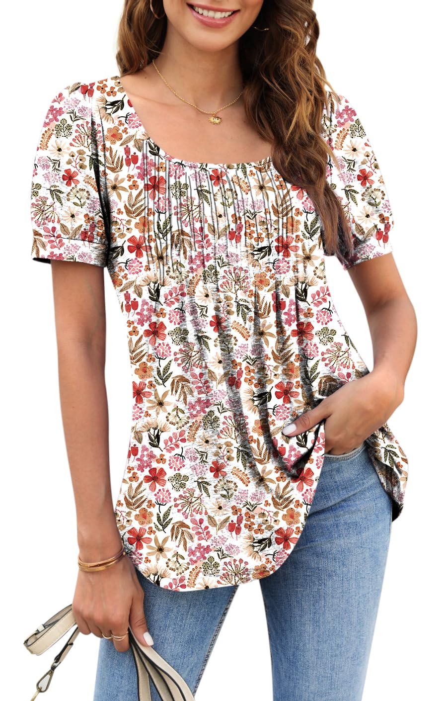 Zwurew Women's Summer Casual Puff Short Sleeve T-Shirt - Square Neck Pleated Flowy Tunic Top for Leggings (Sizes S-2XL) | Perfect for Yoga, Running & Everyday Wear