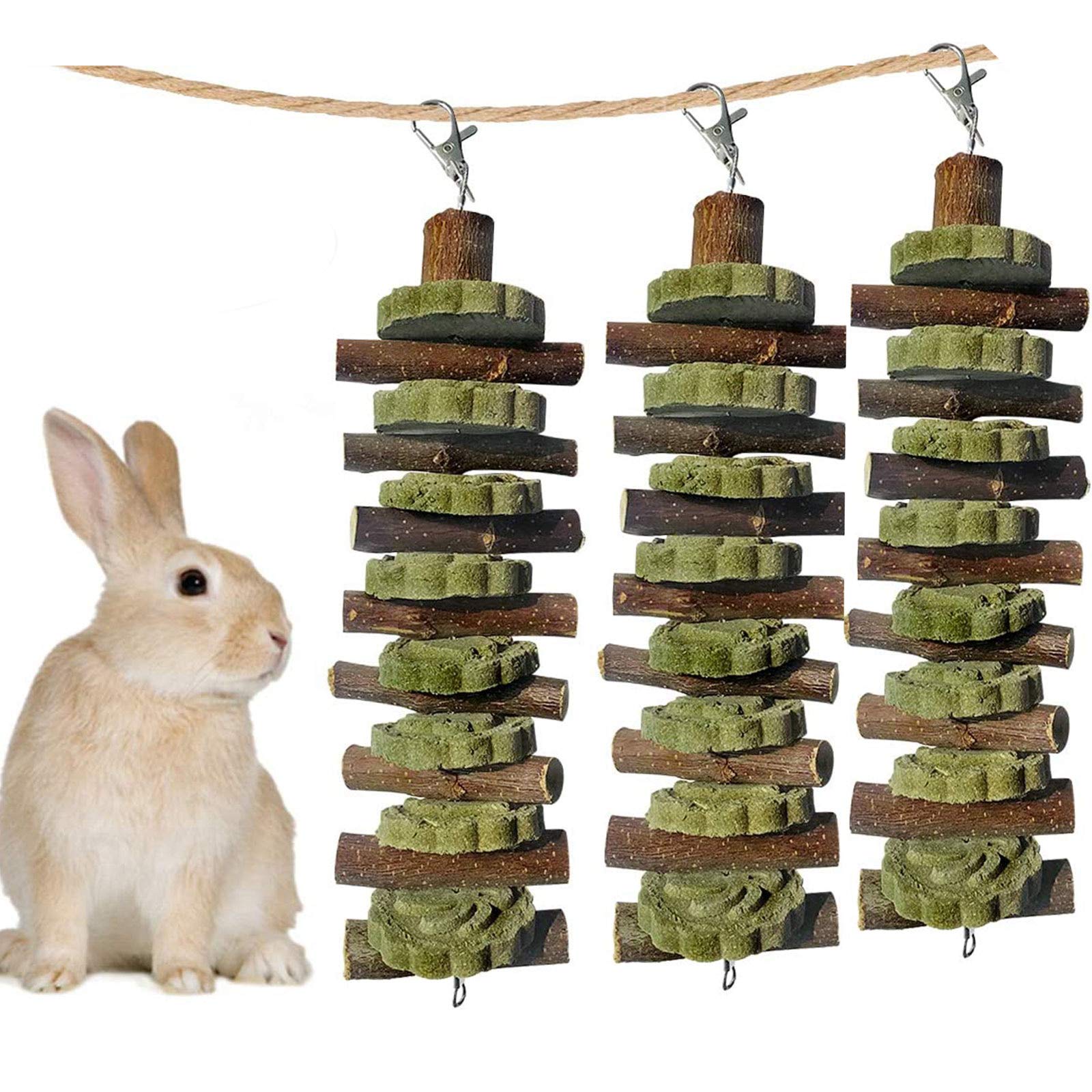Organic Bunny Chew Toys for Teeth Grinding - 3PC Natural Fruitwood Sticks & Alfalfa Cakes for Rabbits, Guinea Pigs, Hamsters & Chinchillas | Small Pet Dental Care & Stress Relief Toys for Cage Enrichment
