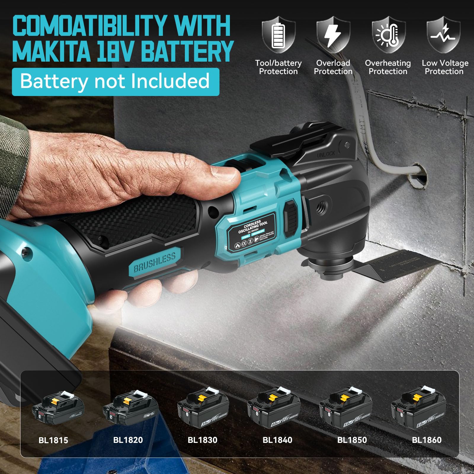Ecarke 18V Li-Ion Brushless Multi-Function Power Tool for Makita Battery - 6 Adjustable Speed Oscillating Multi-Tool for Cutting, Scraping, Sanding with 23 Accessories (Battery Not Included) - Perfect for DIY Projects, Home Renovation & Woodworking