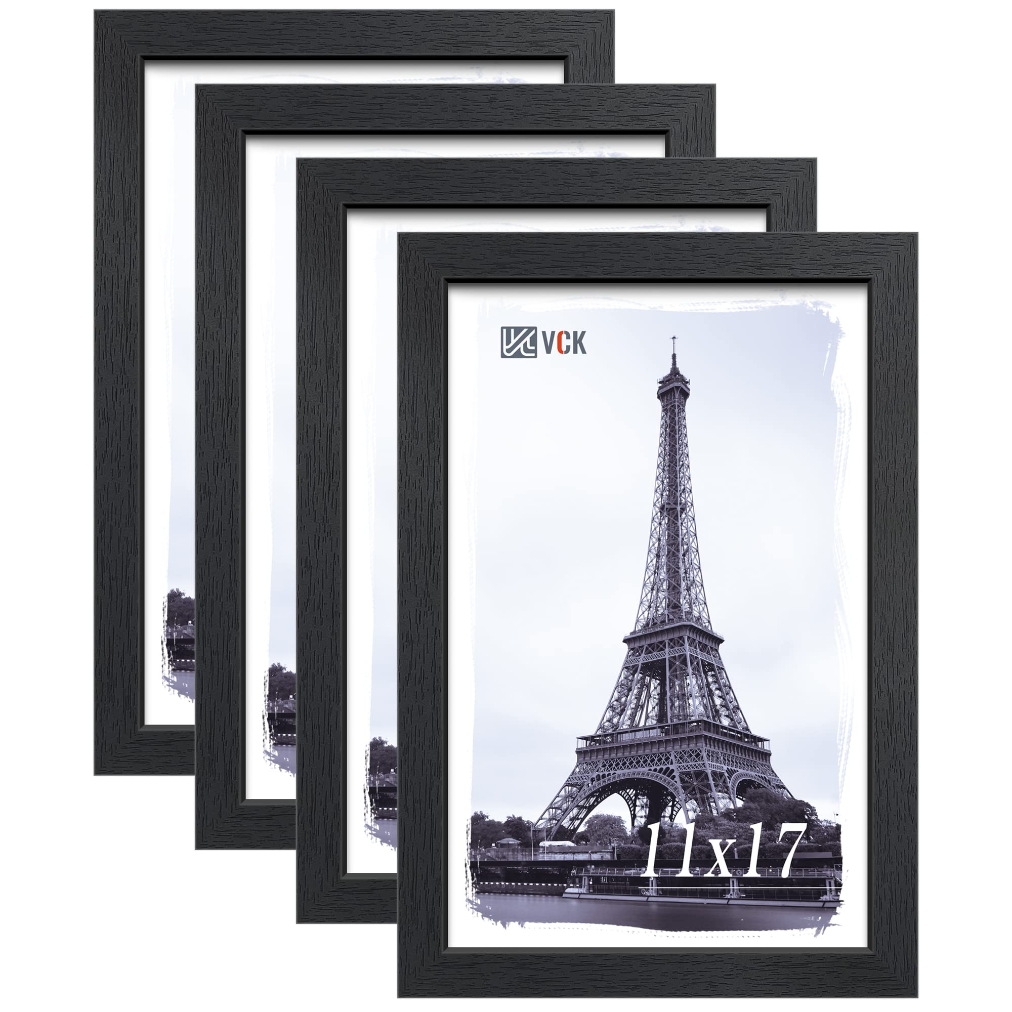 VCK 11x17 Poster Frame Set of 4 - Black Solid Wood Picture Frames with Premium Woodgrain Texture - Wall Gallery Frames for Home Decor, Office Art Display & Photo Collage