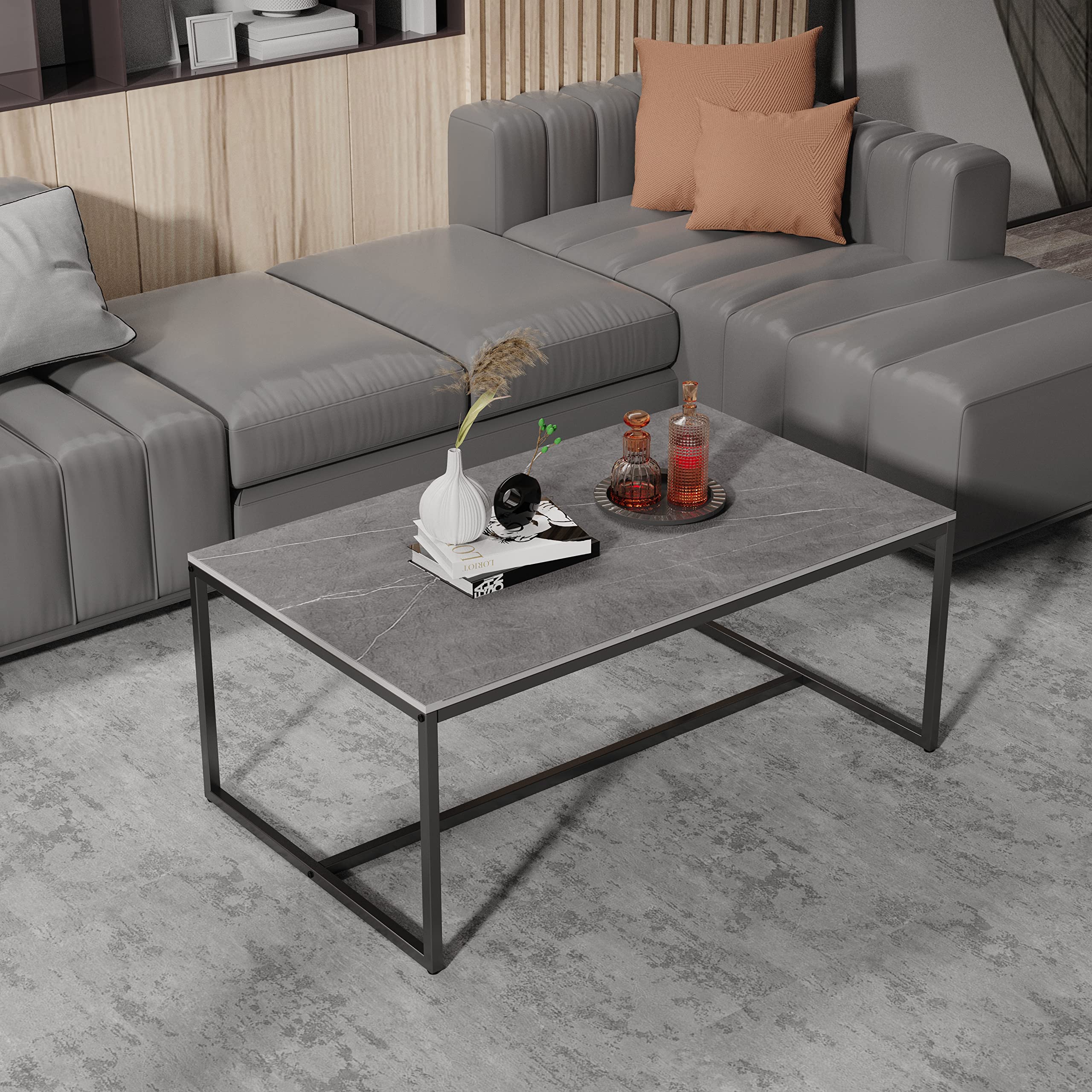 Wisfor Sintered Stone Coffee Table - Modern Grey Rectangular Sofa Table with Sturdy Black Metal Frame, 39.4x23.6x15.7 Inch - Perfect for Living Room Decor, Family Gatherings & Coffee Time