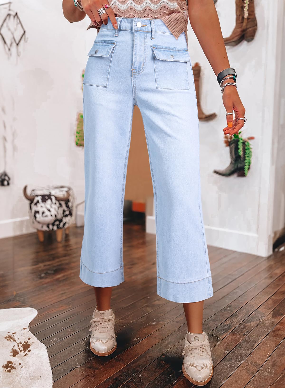 Sidefeel Women's High Waisted Wide Leg Stretchy Jeans with Patch Pockets | Comfortable Spring Outfit | Perfect for Casual Wear, Office & Date Night