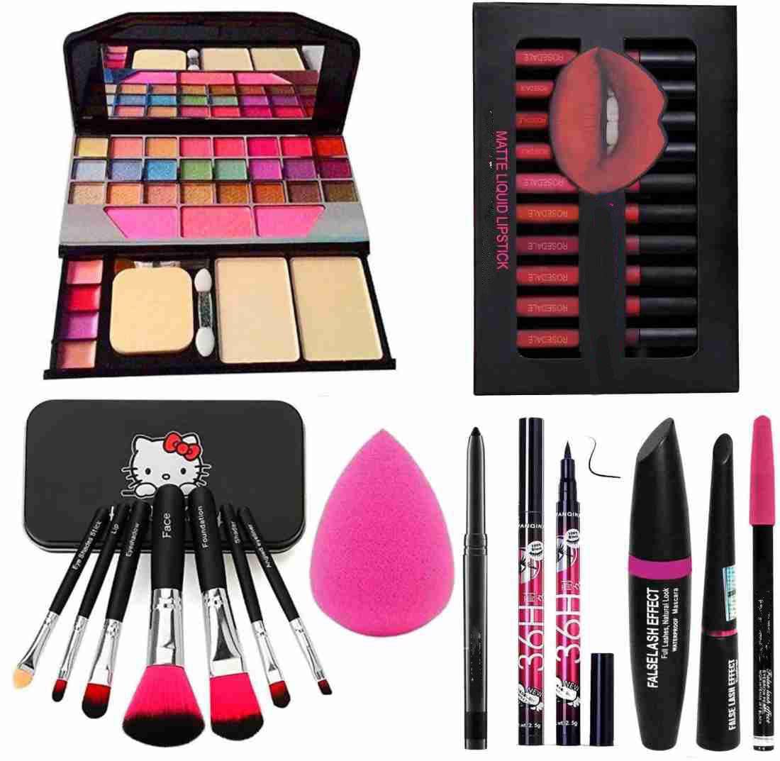 BELLAS Tya 6155 12-Piece Multicolor Makeup Kit with Matte Liquid Lipsticks, 7 Black Makeup Brushes, Kajal Eyeliner, Beauty Blender & 3-in-1 Eyeliner Mascara Eyebrow Pencil - 26-Piece Cosmetic Set for Professional Makeup, Party Looks & Everyday Beauty