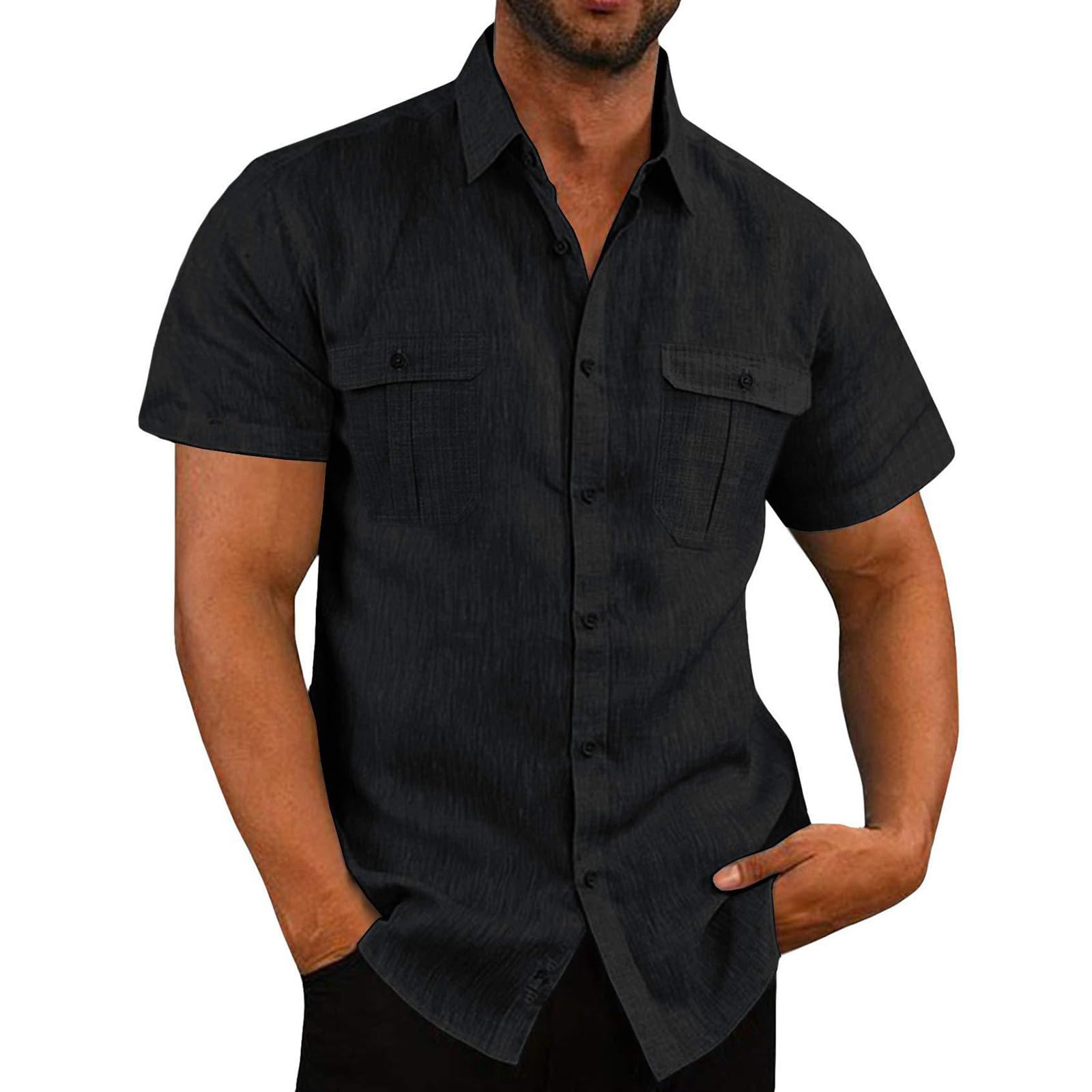Breathable Cotton Linen Shirts for Men - Short Sleeve Casual Button Down Shirt with Textured Fabric - Perfect for Summer, Beach, Travel & Outdoor Activities