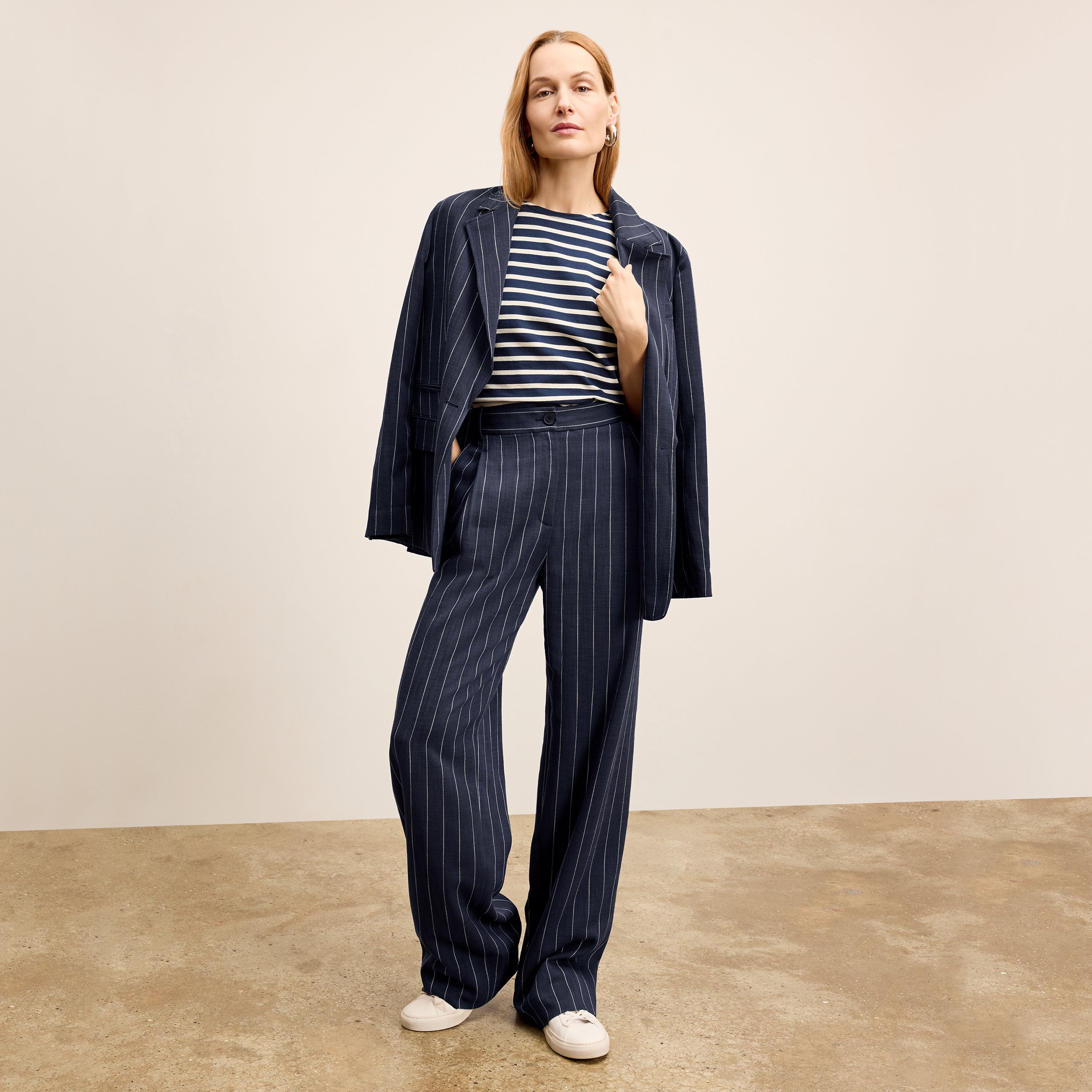 Fitz Pleated Summer Pinstripe Trousers for Men - Navy/Ivory Stripe - Office Wear & Casual Summer Outfits
