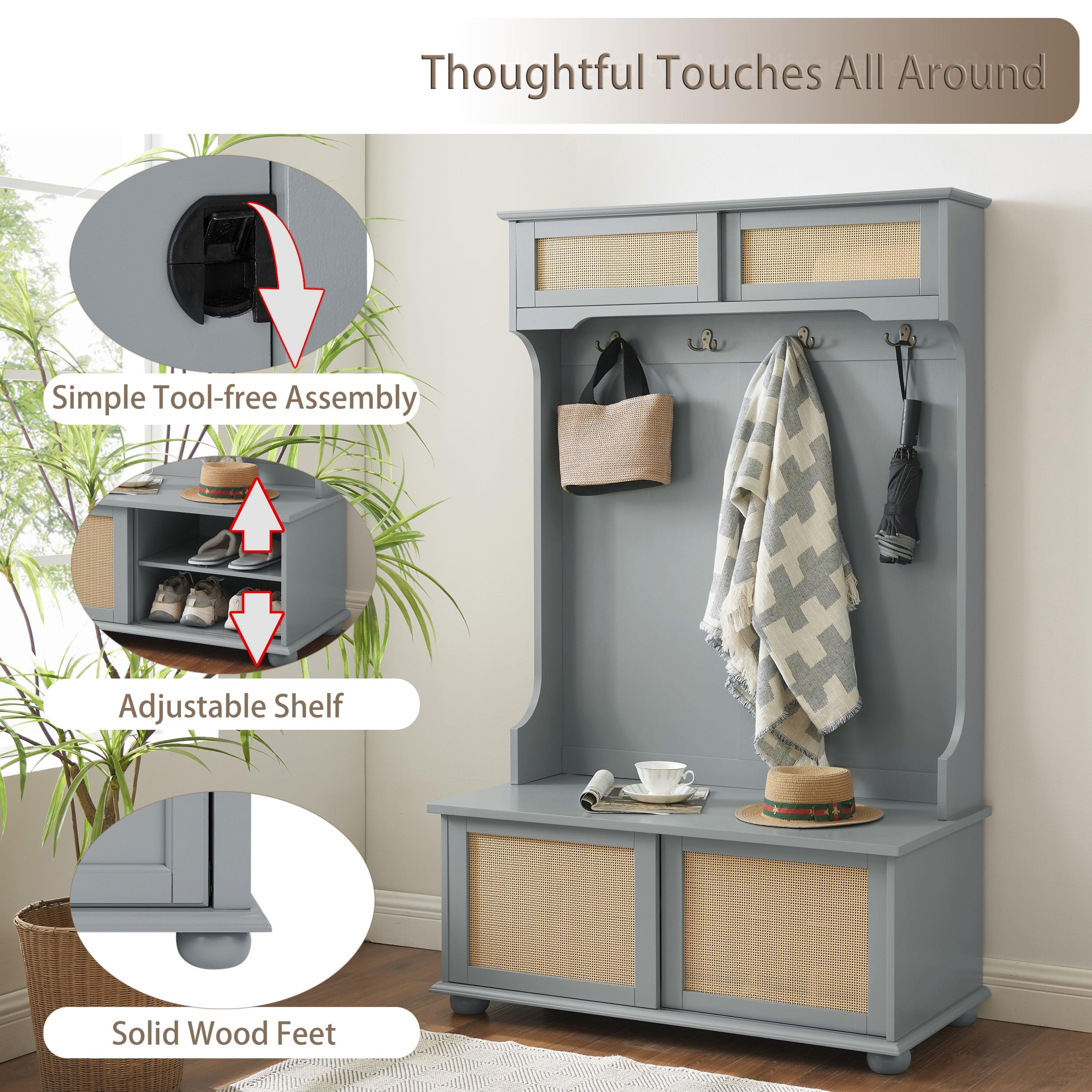 Stylish Gray Entryway Bench with Rattan Shelves & Shoe Storage - Solid Wood Hall Tree (40.16