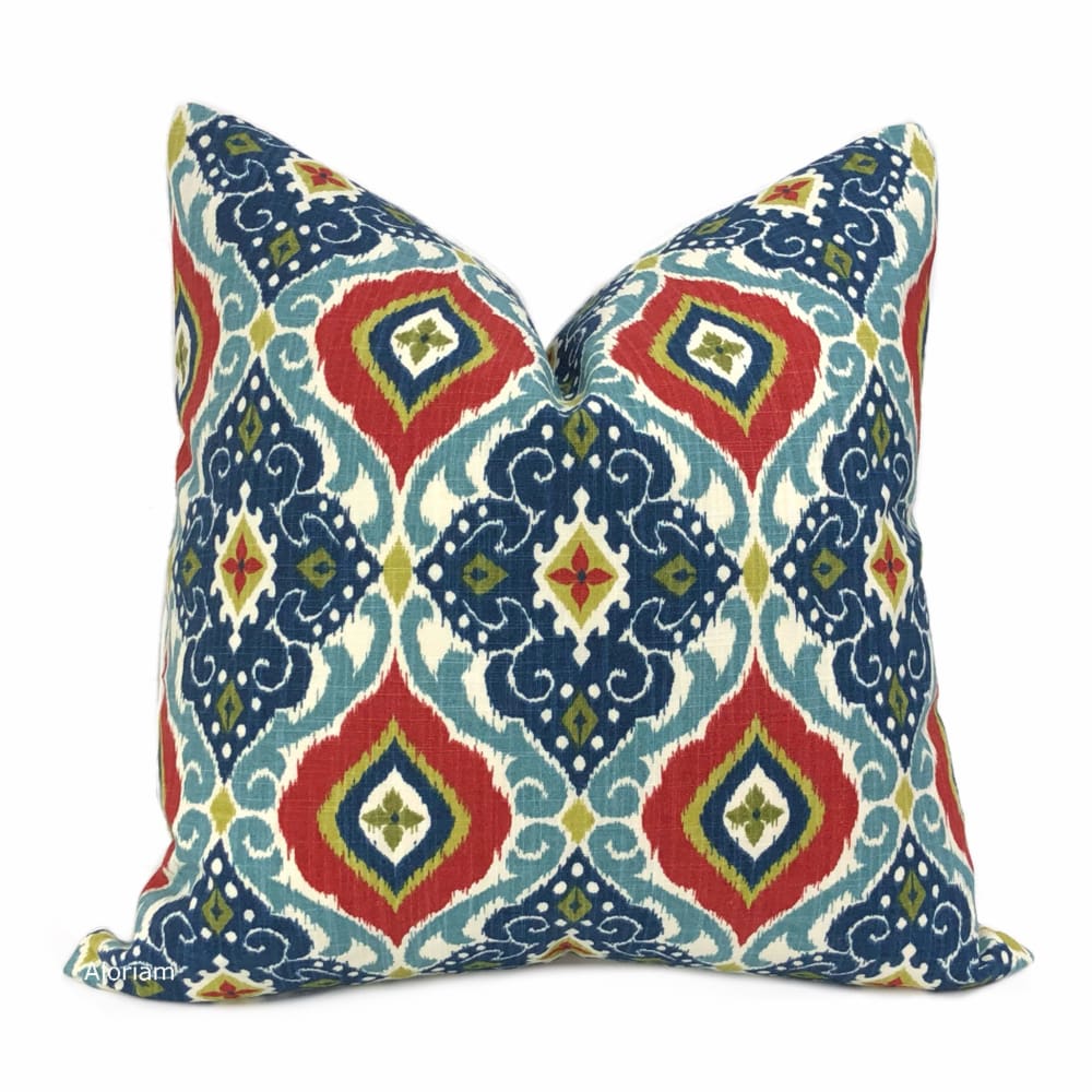 Handmade Ethnic Tile Pillow Cover - Blue, Green & Red Geometric Design - Bohemian Home Decor for Sofa, Bed & Living Room