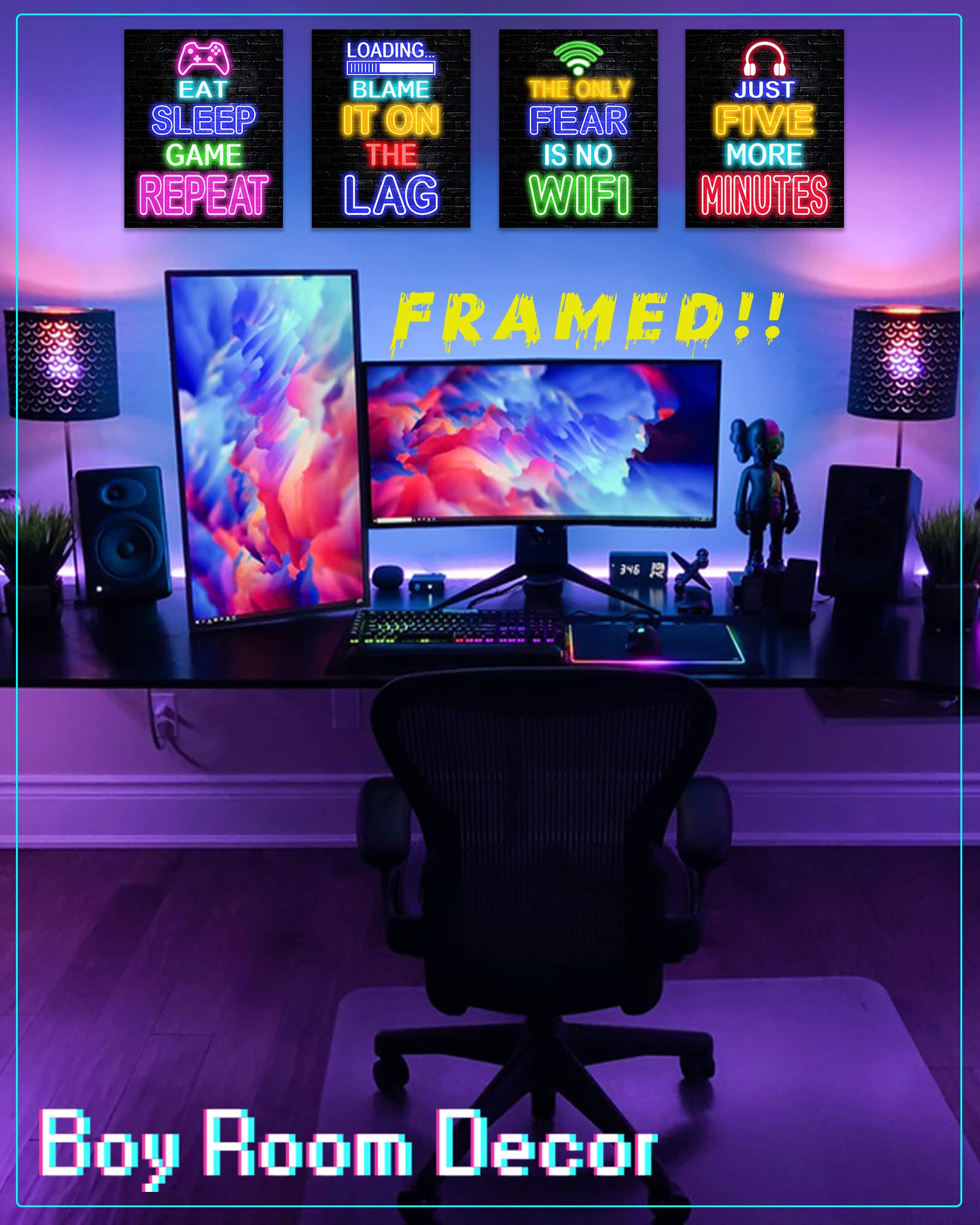 Premium Drsoum Gaming Wall Art for Boys - Framed 8x10 Neon Video Game Room Decor - Cool Gamer Posters for Teen Bedroom & Man Cave - Perfect for Gaming Setups, Streamer Backgrounds & Esports Themed Rooms