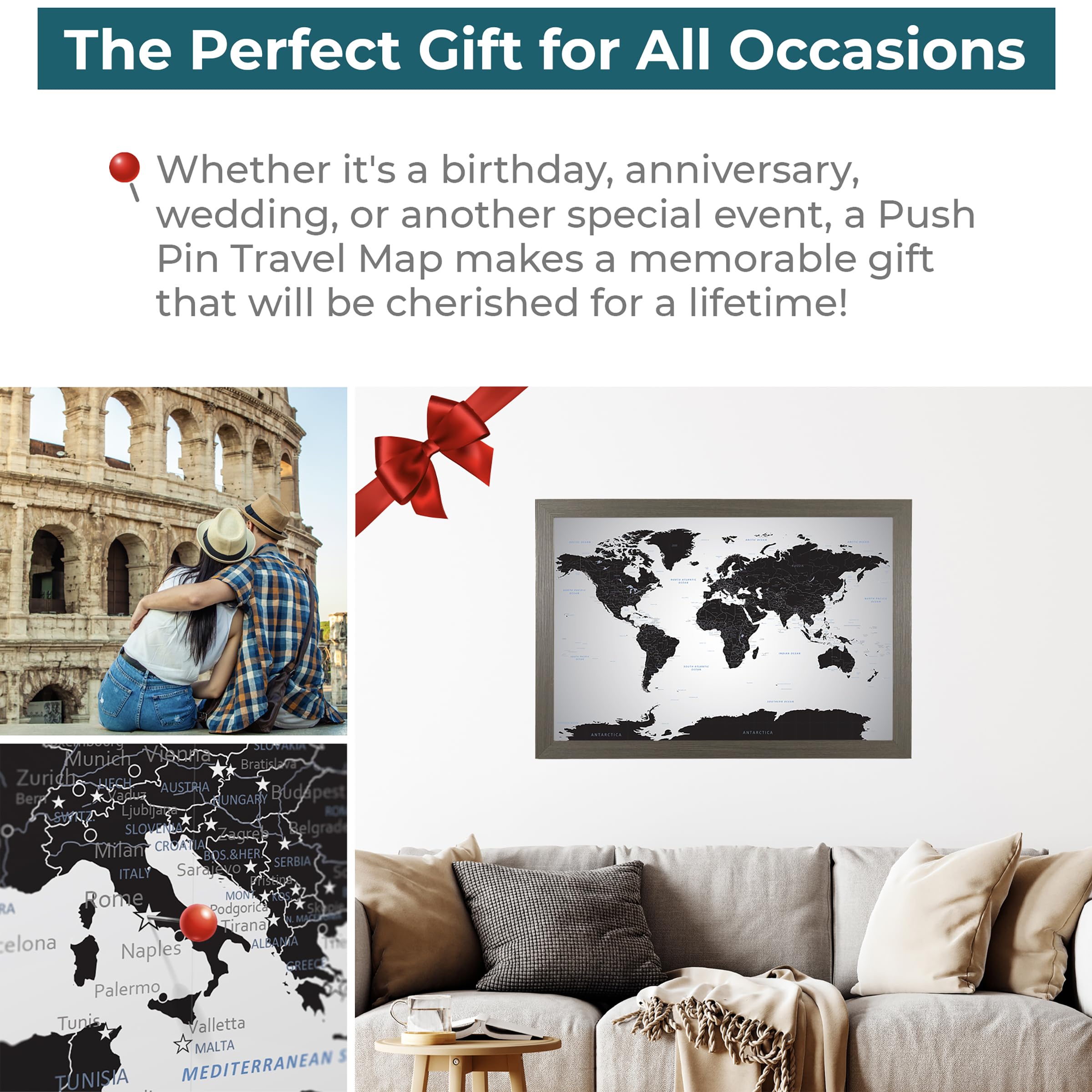Push Pin Travel Map - Black Ice World - Barnwood Gray Framed Pin Board for Tracking Adventures - 27.5