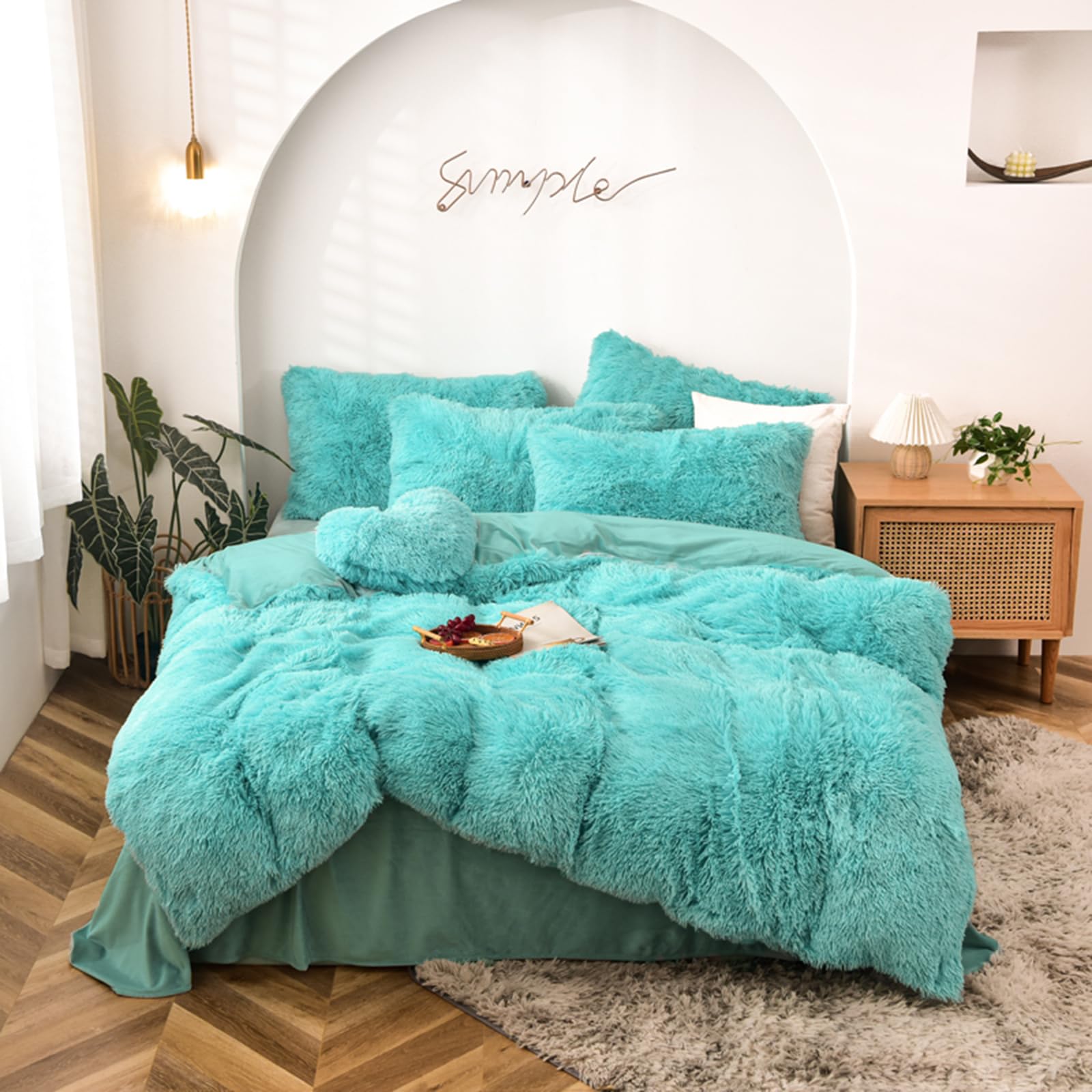 MorroMorn 5-Piece Shaggy Duvet Cover Set - Long Faux Fur Luxury Ultra Soft Bedding (Aqua, Full/Queen Size) for Cozy Winter Nights & Luxurious Bedroom Decor