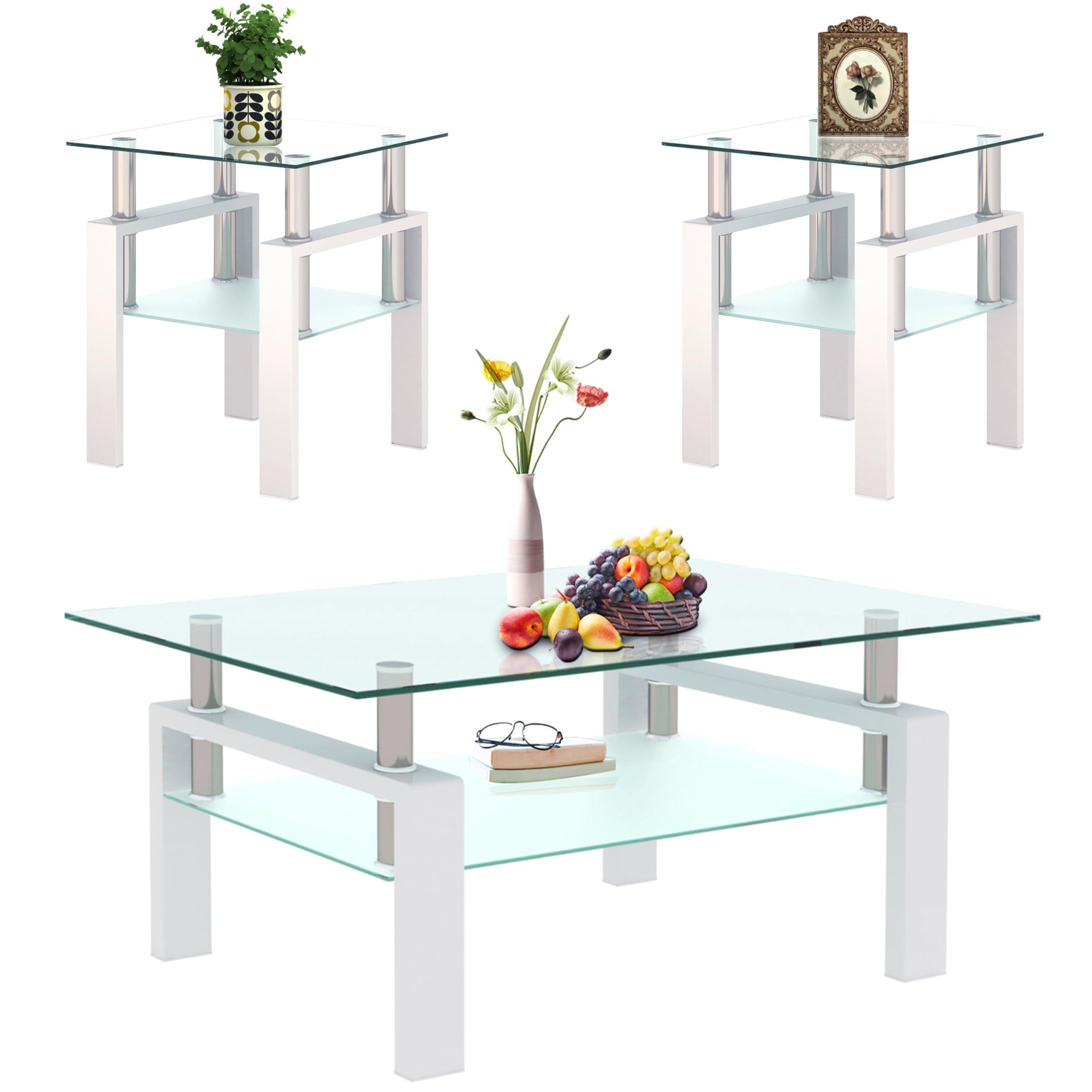 Modern 3-Piece Glass Coffee Table Set with Storage - Black Metal Leg Rectangle Tempered Center & Side Tables for Living Room - White Home Furniture (Perfect for Small Spaces, Apartments & Contemporary Decor)