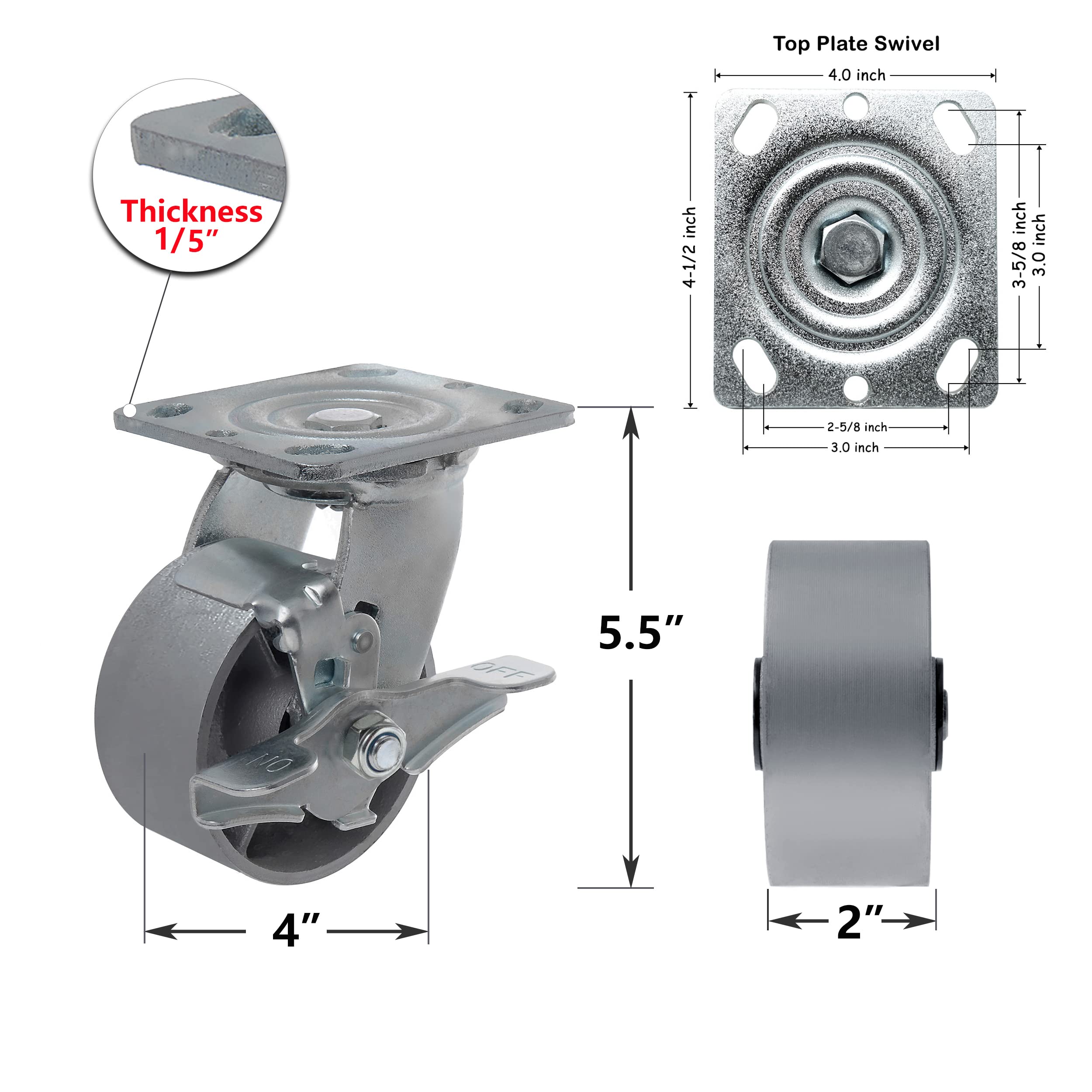 Heavy Duty Steel Cast Iron Caster Wheels - Set of 4 for Tool Boxes & Workbenches, 3000 LB Capacity (4 Inch, 2 Brake & 2 Rigid) - Perfect for Industrial Workstations, Garage Storage, and Heavy Equipment Mobility