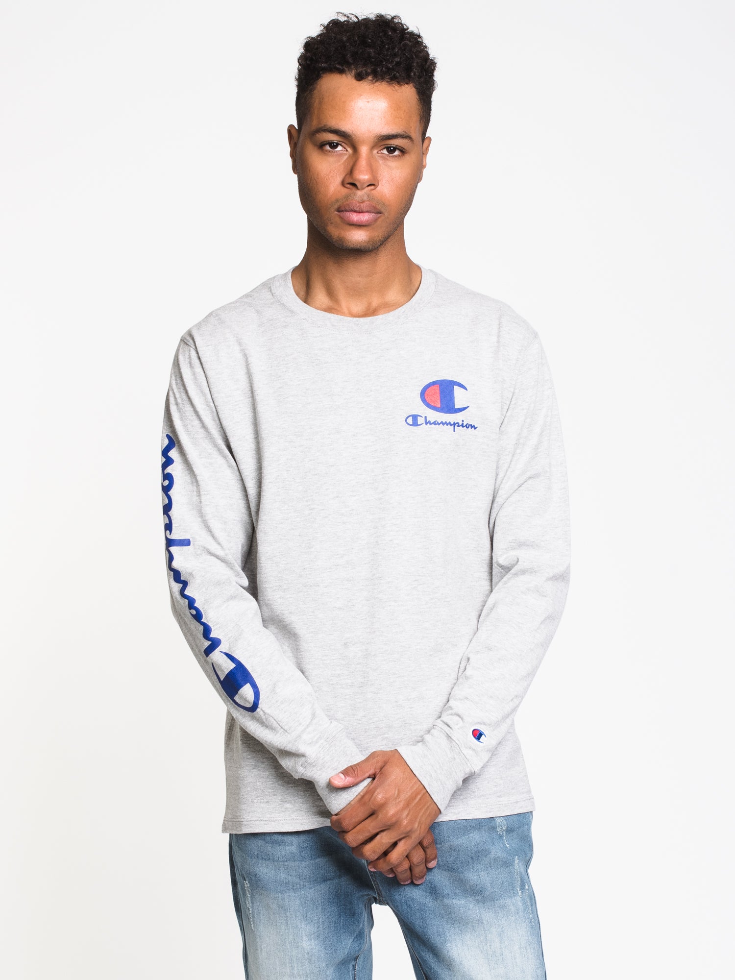 Champion Over Script Long Sleeve T-Shirt - Men's Casual Comfort Fit Cotton Top for Everyday Wear | Gym, Lounge & Street Style Fashion