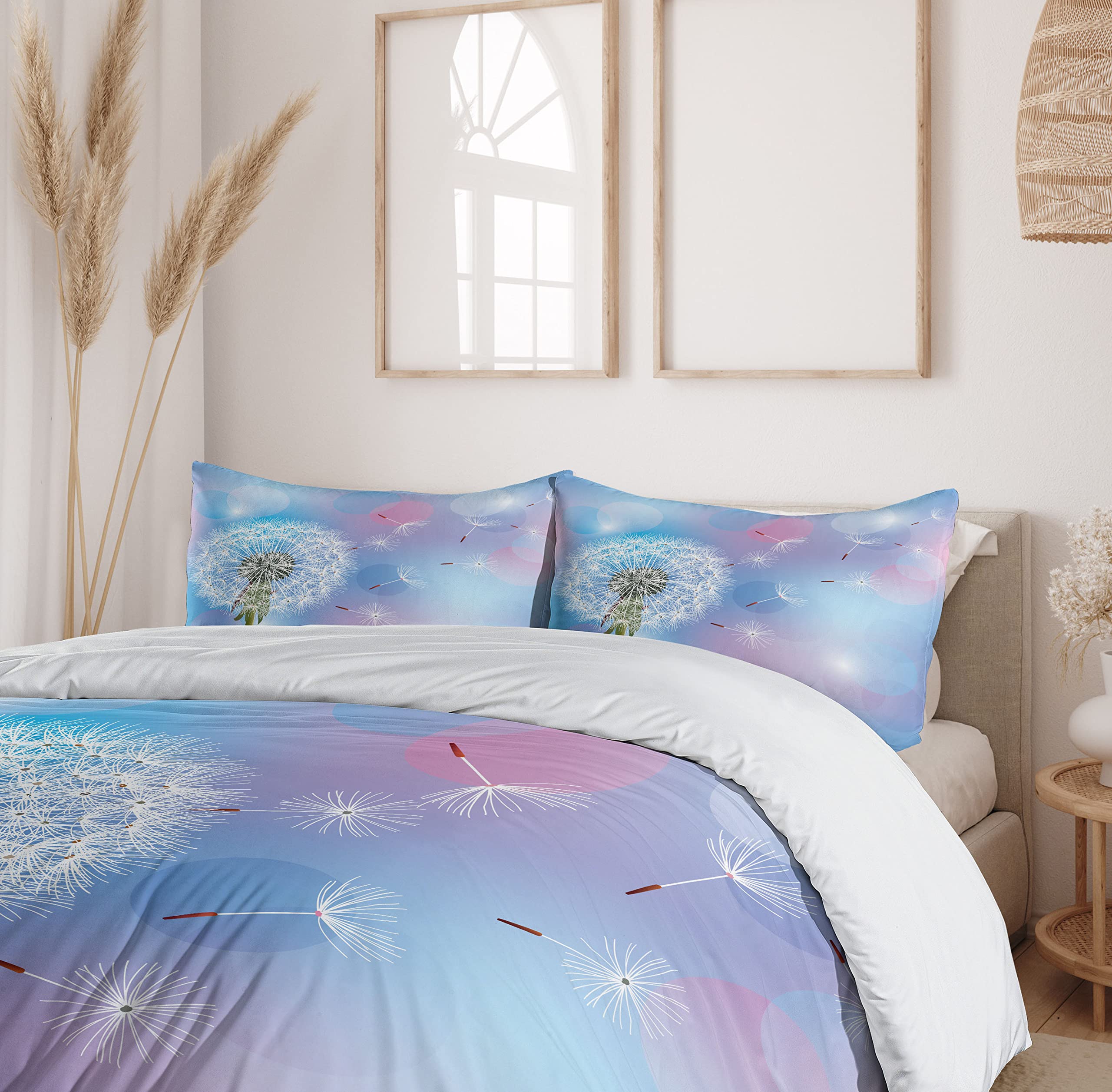 Ambesonne Dandelion Duvet Cover Set 3-Piece - Bokeh Floral Design with Wind-Blown Flowers, California King Size in Sky Blue, Pale Pink & Green | Soft Bedding for Spring Decor, Guest Room Makeover & Cozy Bedroom Upgrade
