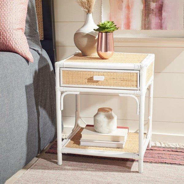 Natural Bamboo & Rattan Nightstand with Drawer - White Wooden Bedside Table for Bedroom, Living Room, or Nursery Storage