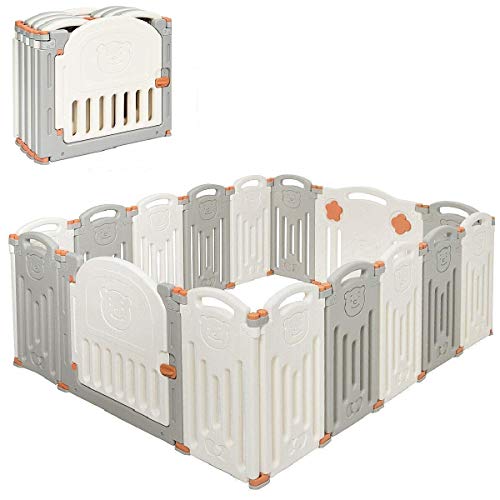 Costzon 16-Panel Foldable Baby Playpen with Locking Gate - Non-Slip Rubber Bases, Adjustable Shape Play Yard for Indoor & Outdoor Use - Safe Play Area for Crawling, Learning & Playtime (Beige & Gray)