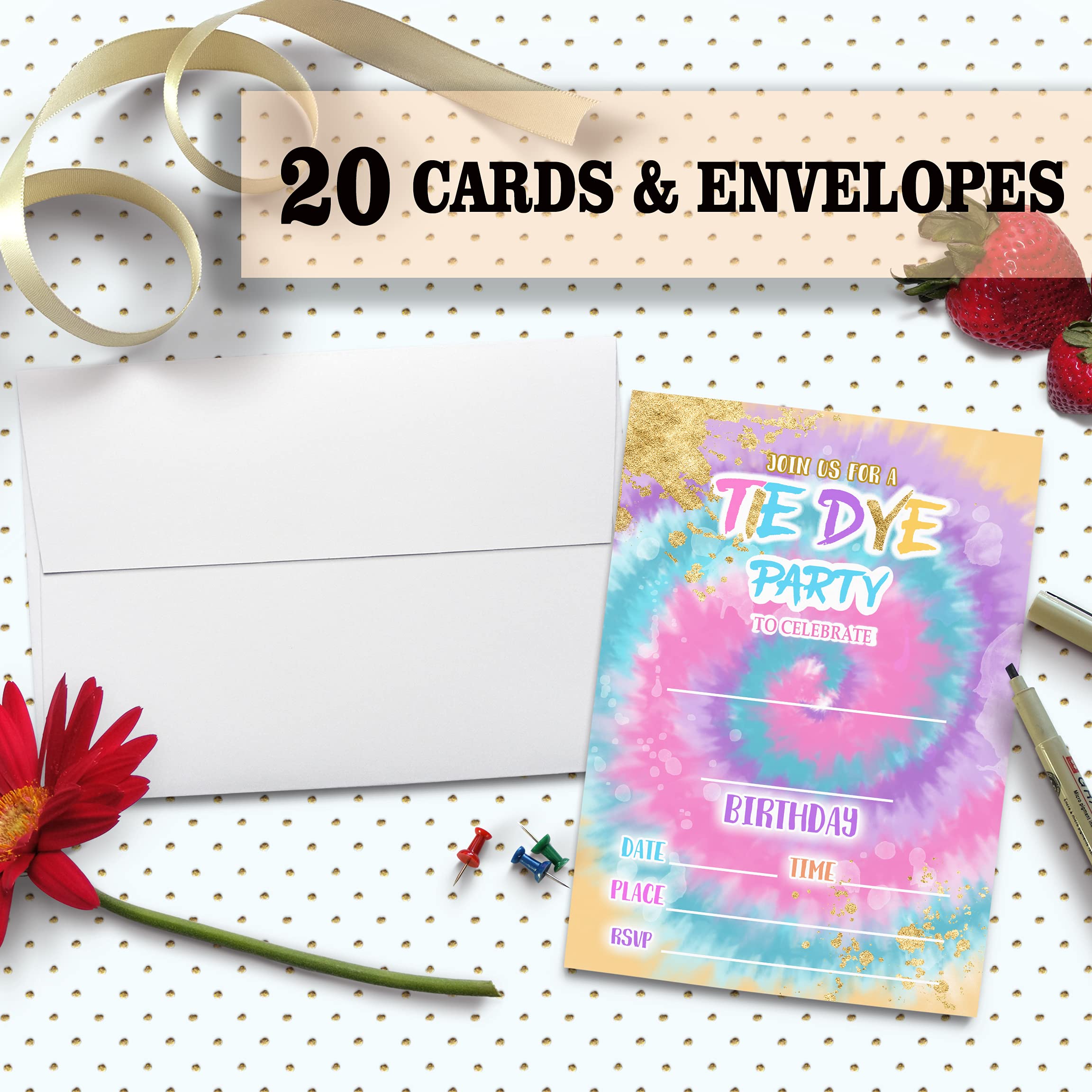 Vibrant Tie Dye Birthday Party Invitation Cards Set - 20 Premium Cards with Matching Envelopes for Kids & Adults - Perfect for Birthday Celebrations, Baby Showers & Special Events