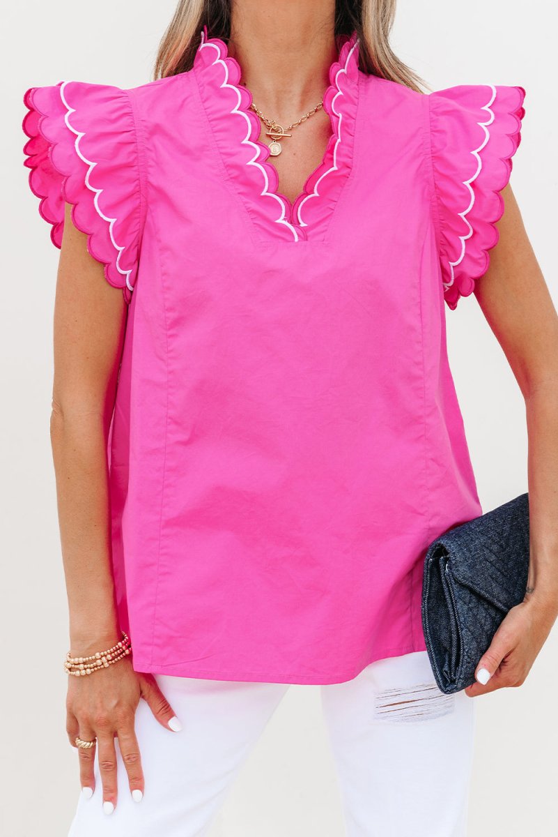 Bright Pink Contrast Scallop Trim Layered V Neck Blouse for Women - Elegant Flowy Top for Office, Date Night & Special Occasions