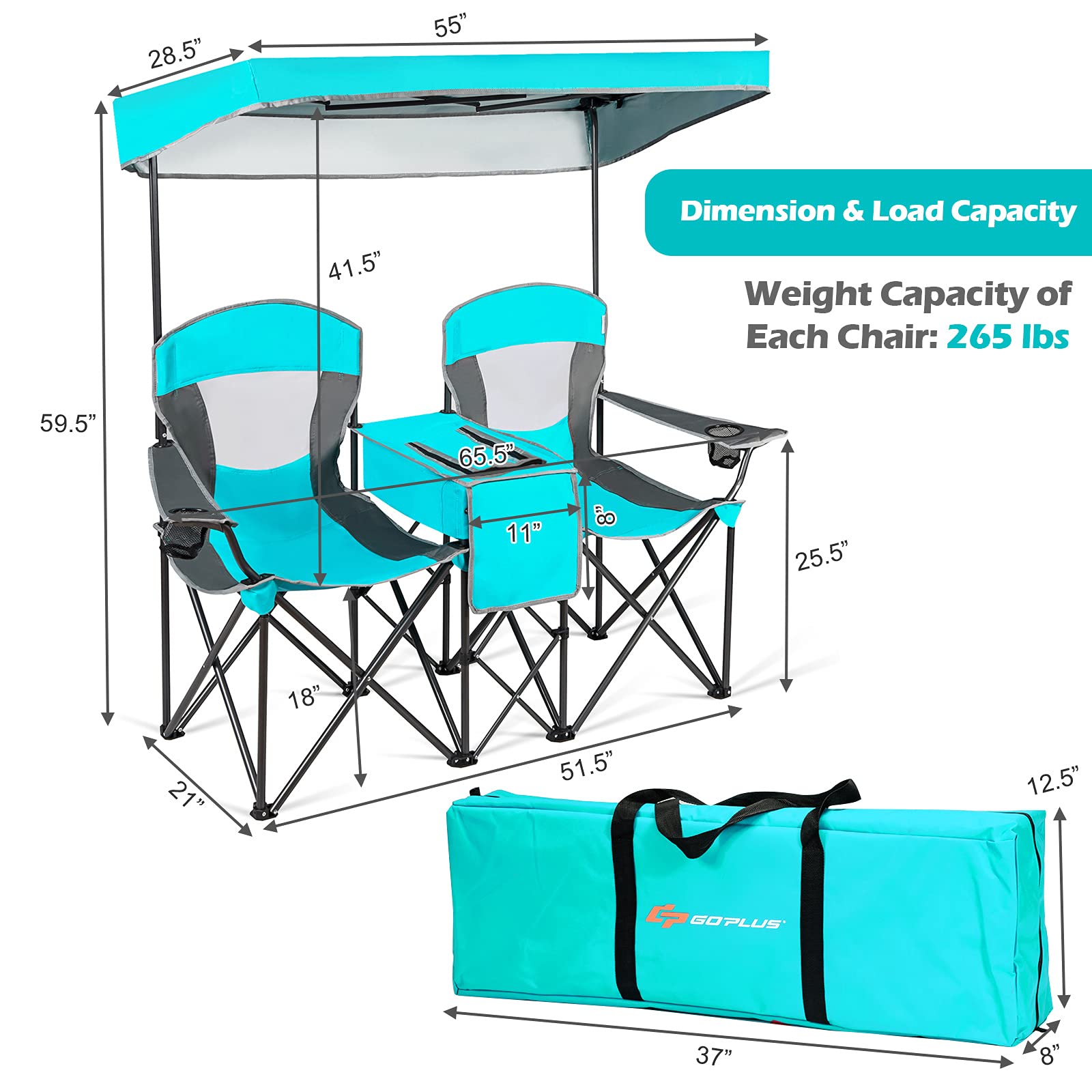 Goplus Double Beach Chair with Canopy Shade - Folding Lawn & Camping Chair with Sunshade, Mini Table, Beverage Holder & Carrying Bag - Perfect for Outdoor Travel, Hiking, Fishing, Poolside & Backyard Relaxation (Lake Blue)