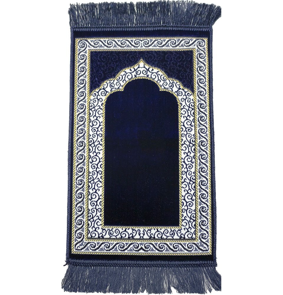 Premium Child Velvet Islamic Prayer Rug - Vine Swirl Navy Blue Design for Kids | Perfect for Home, Mosque & Travel Prayer Needs