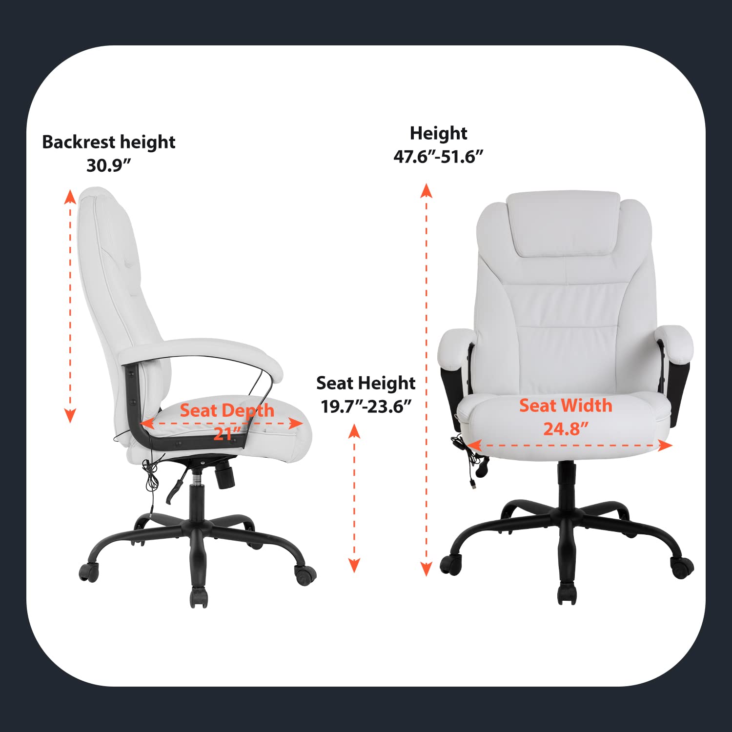 Big and Tall 500lbs Ergonomic Office Chair - High Back PU Leather Executive Desk Chair with Lumbar Support & Adjustable Arms - Wide Seat Computer Task Chair for Home Office (White) - Perfect for Long Work Hours & Heavy-Duty Use