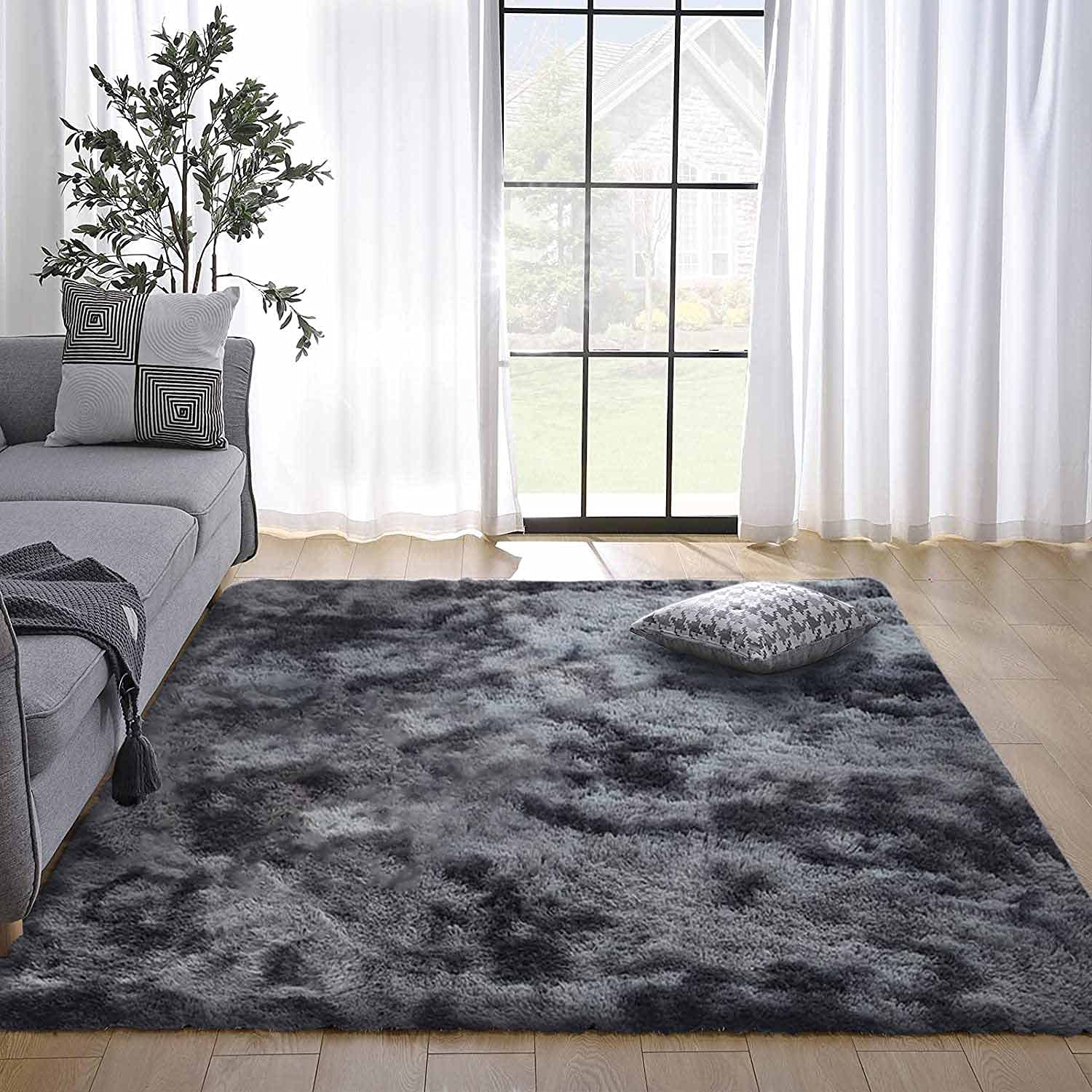 Kinganda Soft Shag Area Rugs - Non-Slip Fluffy Large Rug for Bedroom, Living Room, Nursery & Kids Room - Washable Shaggy Carpet (Black Grey, 6.5'×9.8'/200×300cm) - Perfect for Cozy Home Decor & Play Areas