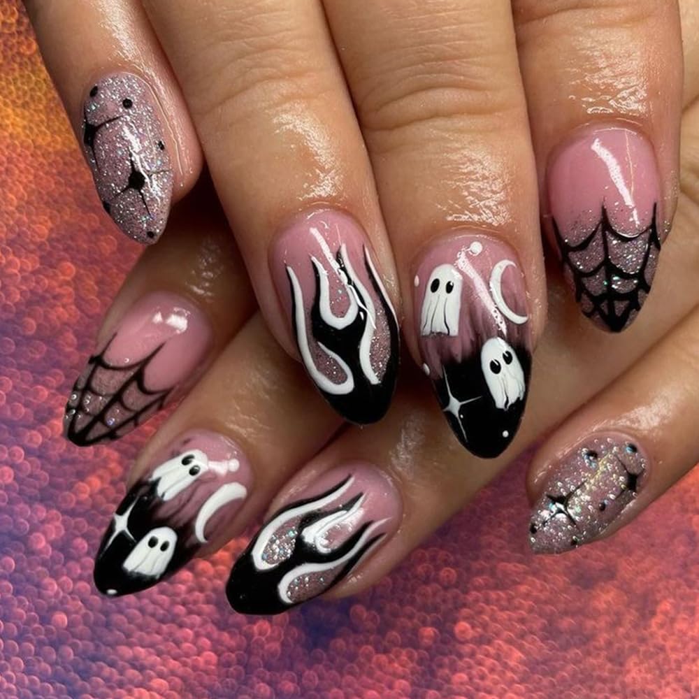 24Pcs Halloween Press on Nails - Almond Fake Nails with Cute Ghost & Flame Designs, Black French Tips Glossy Acrylic Full Cover False Nails for Women | Perfect for Halloween Parties, Costume Events & Spooky Nail Art