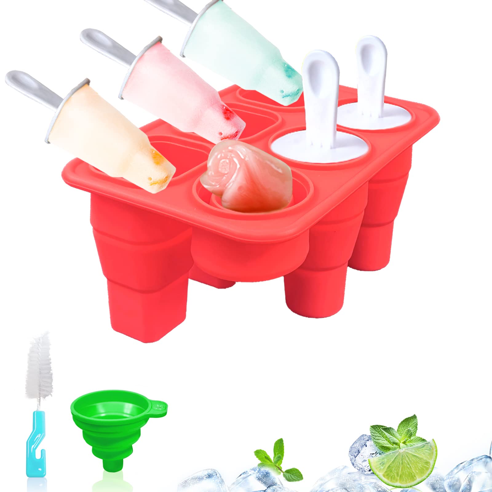 BPA-Free Collapsible Silicone Popsicle Molds - 6 Piece Reusable Foldable Ice Pop Maker with Funnel & Cleaning Brush for Homemade Healthy Snacks - Perfect for Summer Treats, Kids Parties & Family Fun