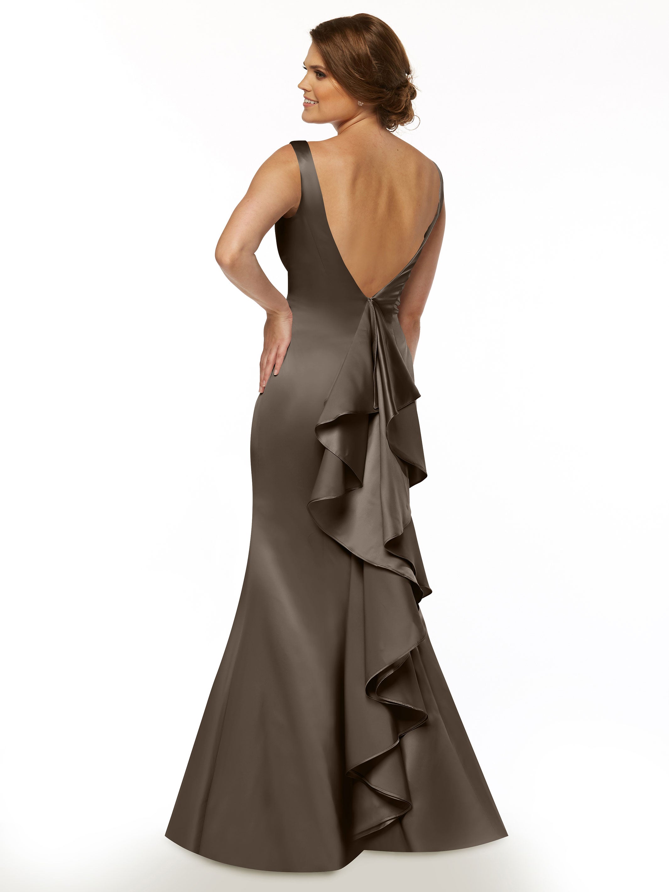Elegant 80078 Fit and Flare Satin Bridesmaid Dress with V-Neckline & Ruffled Back - Perfect for Weddings, Proms, and Formal Events