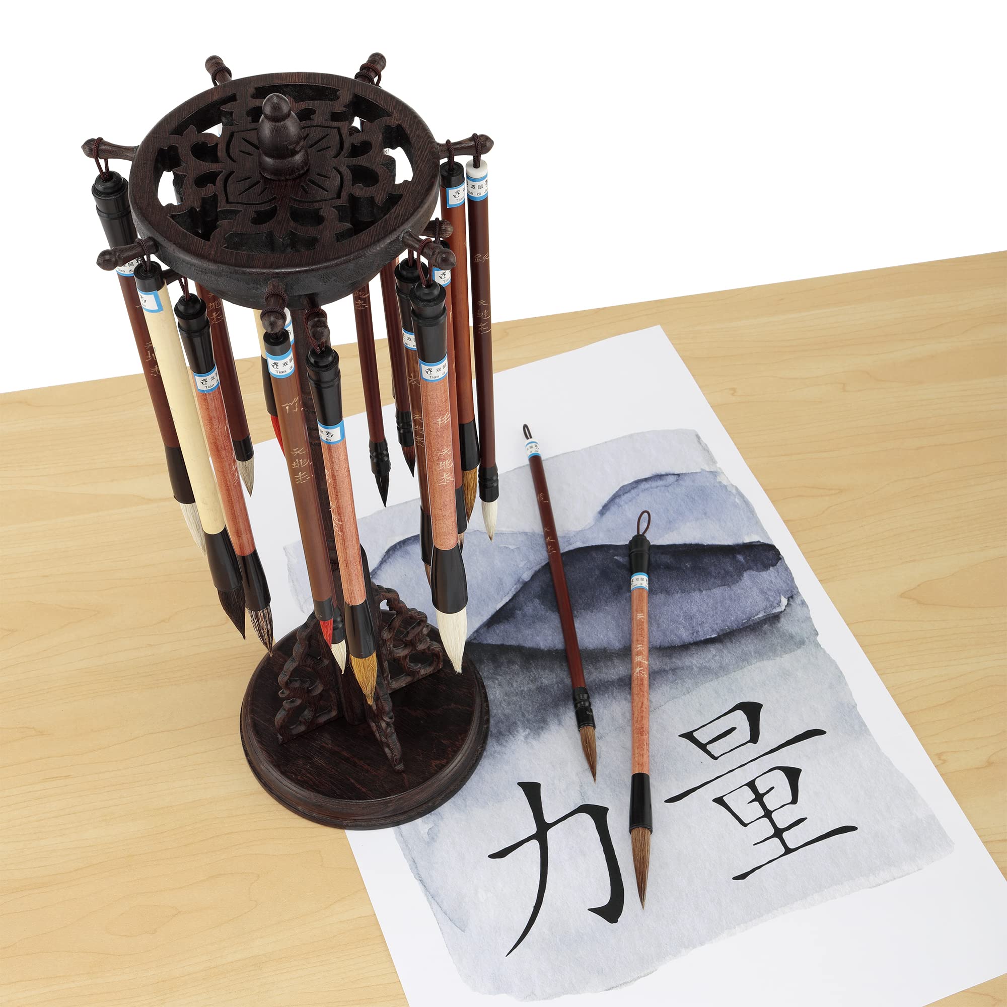 Premium Chinese Calligraphy Brush Set - Golden Panda Master Rosewood & Bamboo Brush Kit with Rotating Stand & Magnetic Closure Box | Perfect for Calligraphy Art, Gift Giving & Home Decoration