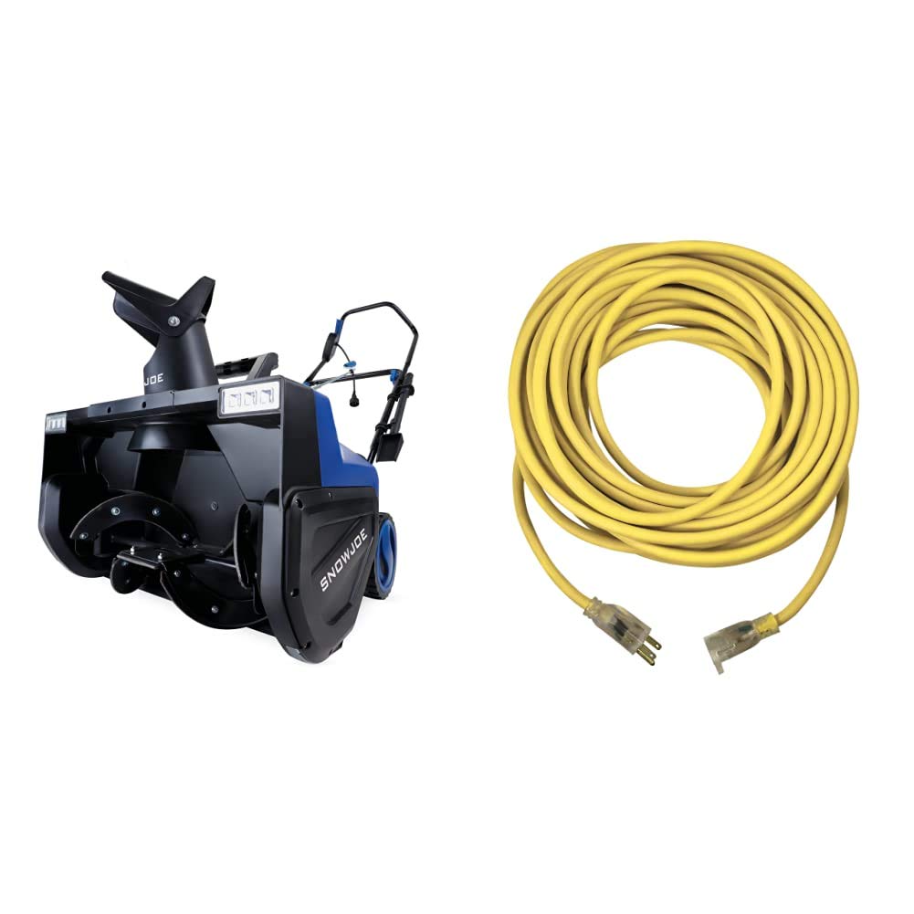 Snow Joe SJ627E 22-Inch 15-Amp Electric Snow Blower with Dual LED Lights | US Wire & Cable 74100 100-Foot Yellow Extension Cord | Perfect for Driveway & Sidewalk Snow Removal in Winter
