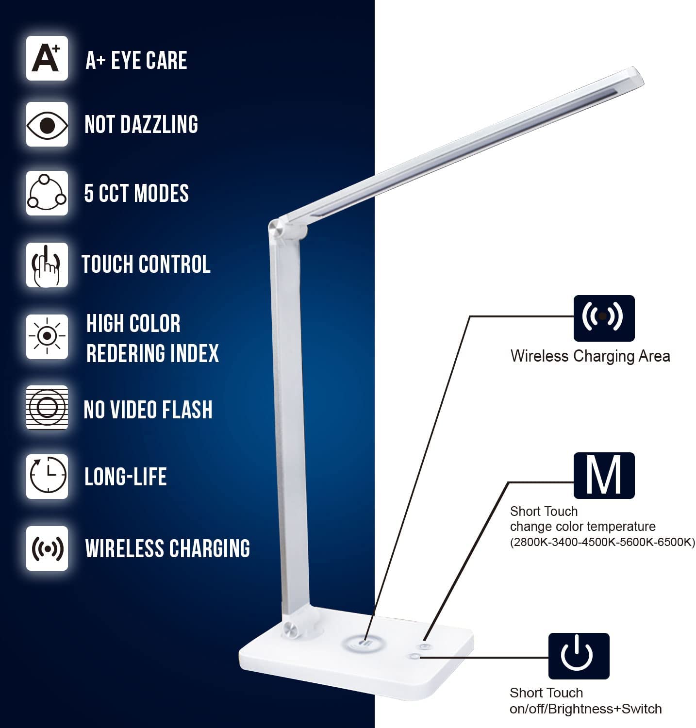 Himalayan Glow WBM Smart LED Desk Lamp - Eye-Caring Adjustable Table Light with USB Charging Port for Home Office, Study & Reading | Dimmable Task Lighting for Workstations, Bedside & Nightstand Use