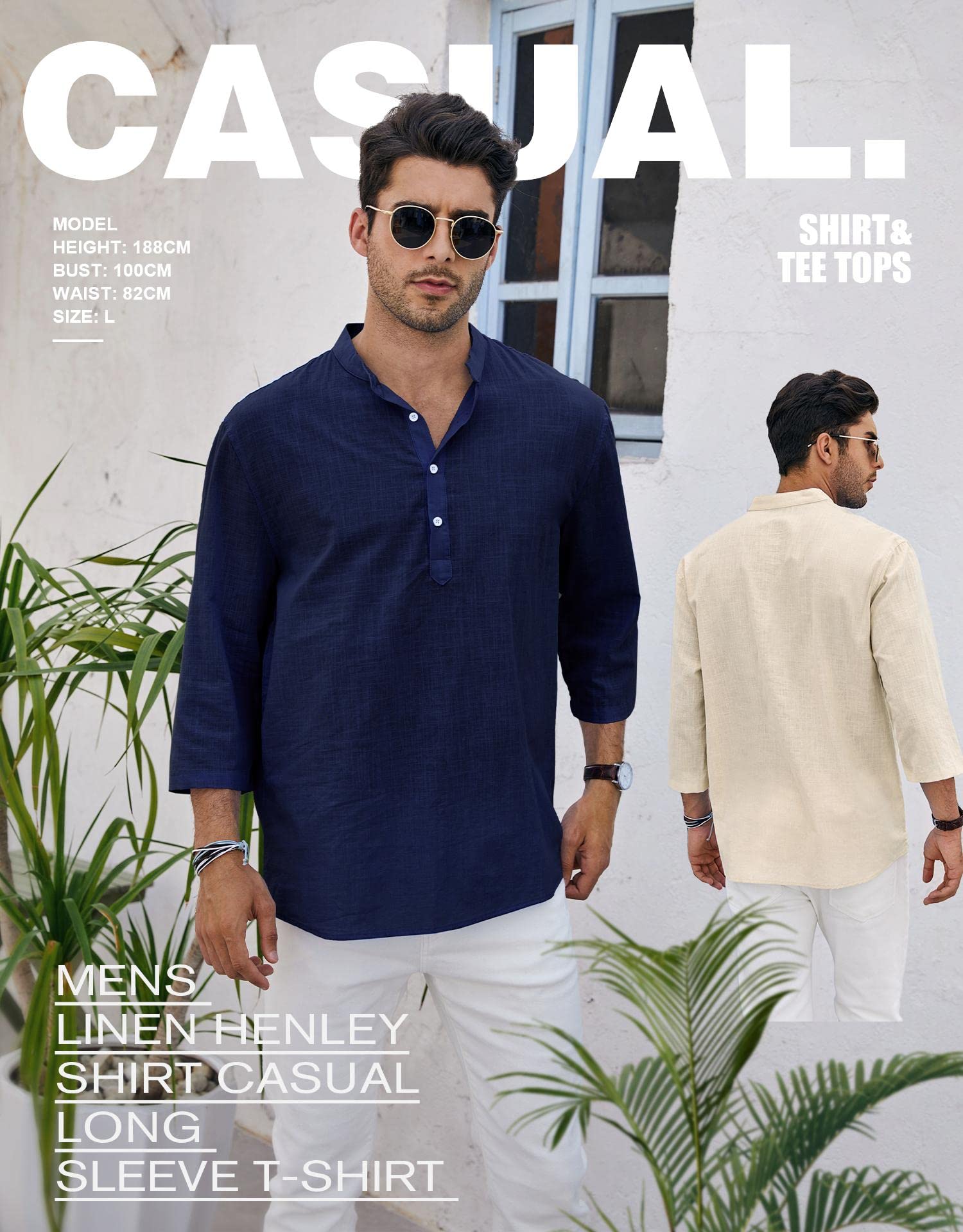 Ryannology Men's Linen Shirts - Breathable Cotton 3/4 Sleeve Henley T-Shirt for Summer | Casual Regular Fit Lightweight Top for Beach, Yoga & Outdoor Activities