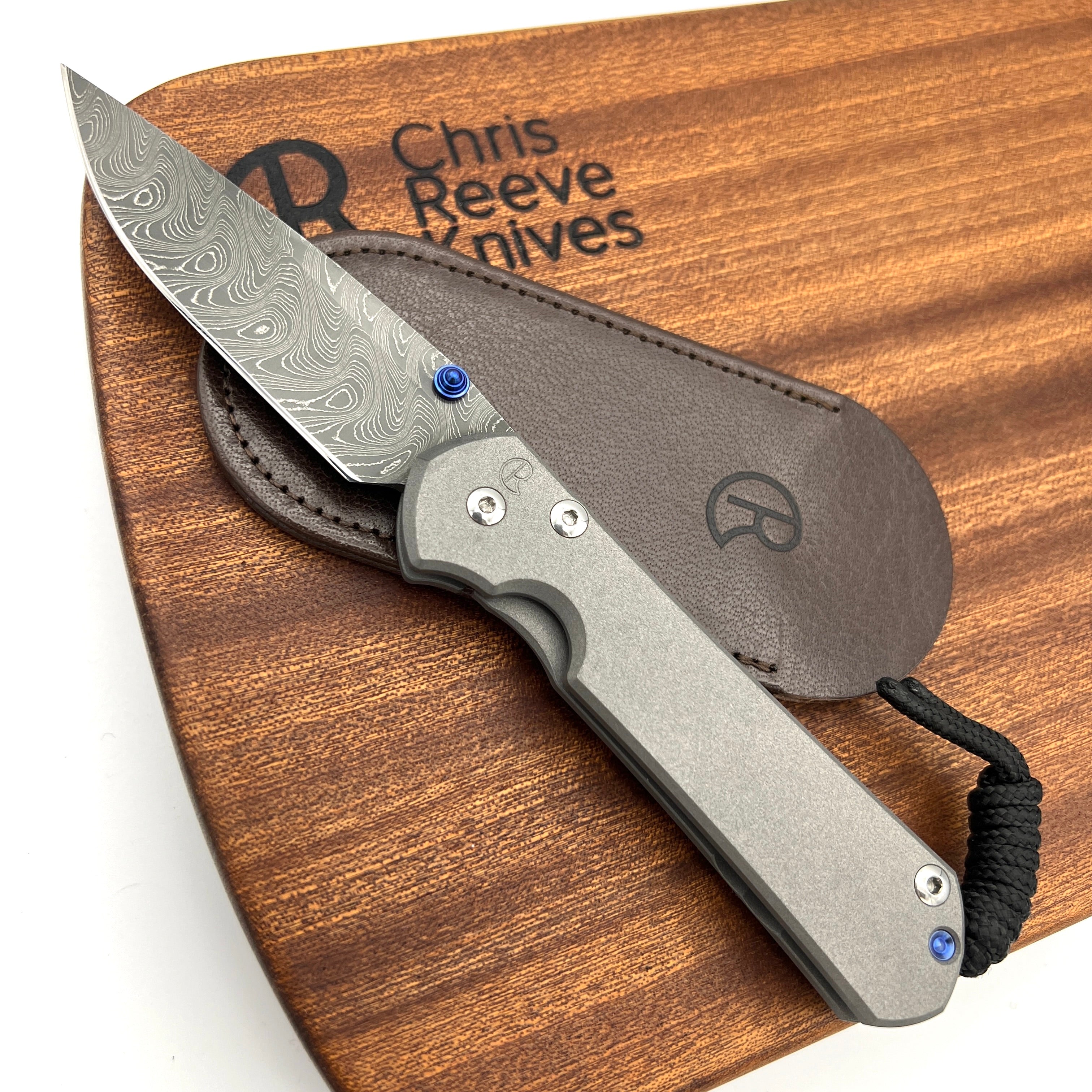 Chris Reeve Small Sebenza 31 Folding Knife - Damascus Steel Drop Point Blade, Blue Lug & Plain Handle - EDC Pocket Knife for Outdoor, Camping & Everyday Carry