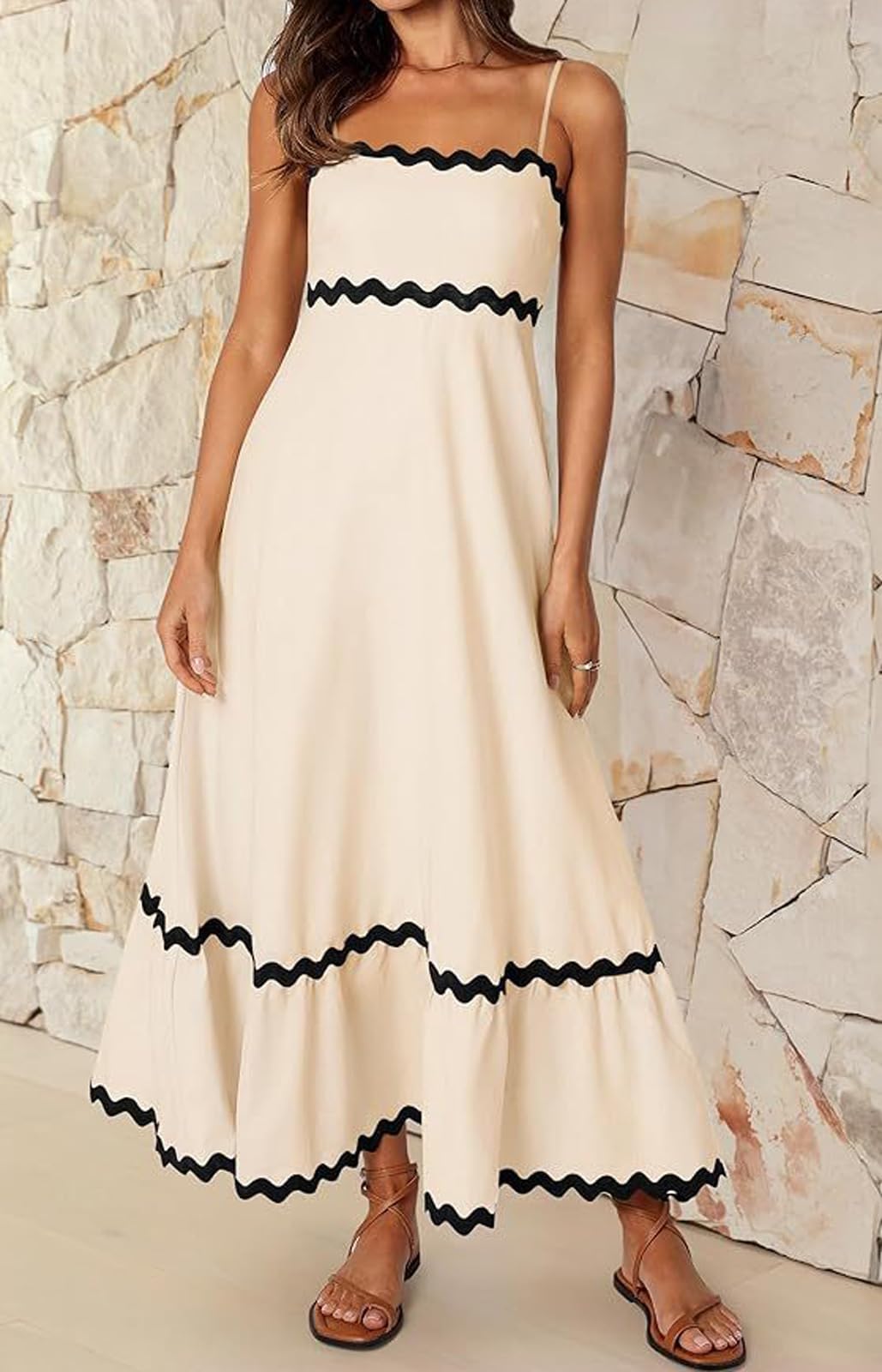 CHARTOU Women's Summer Sleeveless Flowy Midi Dress - Lace Spaghetti Strap A-Line Sundress with Ruffle & Smocked Waist | Perfect for Beach Vacations, Date Nights & Summer Parties