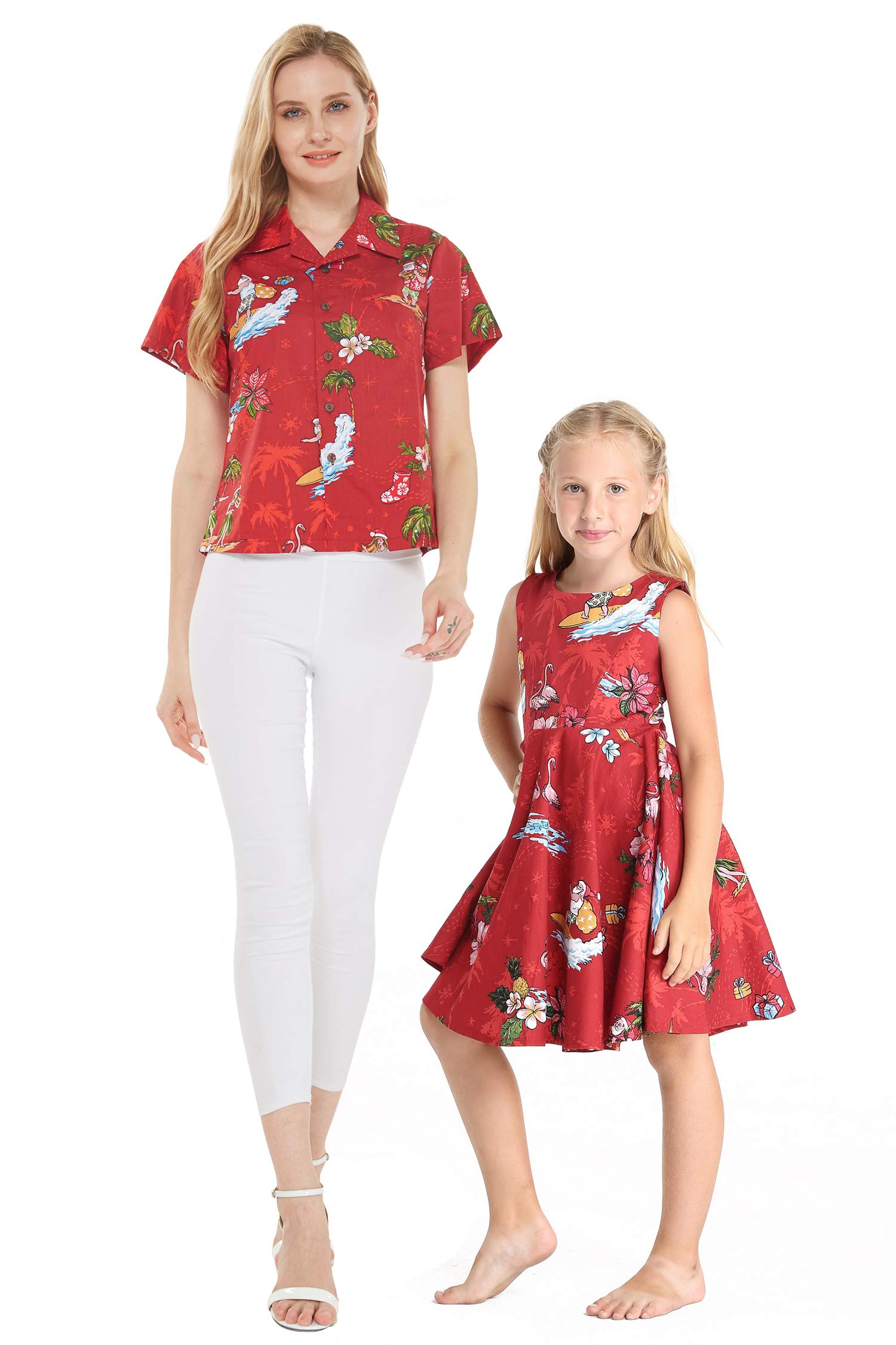 Matching Luau Mother Daughter Aloha Shirt & Vintage Dress - Hawaiian Christmas Santa Outfits for Family Photos, Holiday Parties & Tropical Themed Events