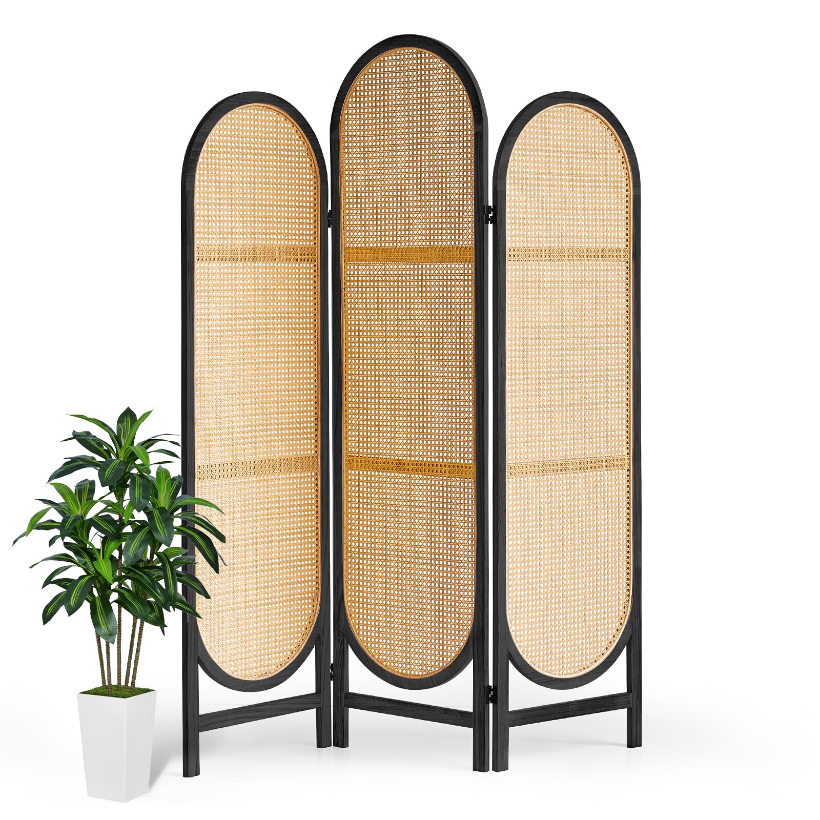 3-Panel Rattan Room Divider Screen - Foldable Privacy Partition with Unique Design | Freestanding Portable Room Separator for Home, Office & Events | Black
