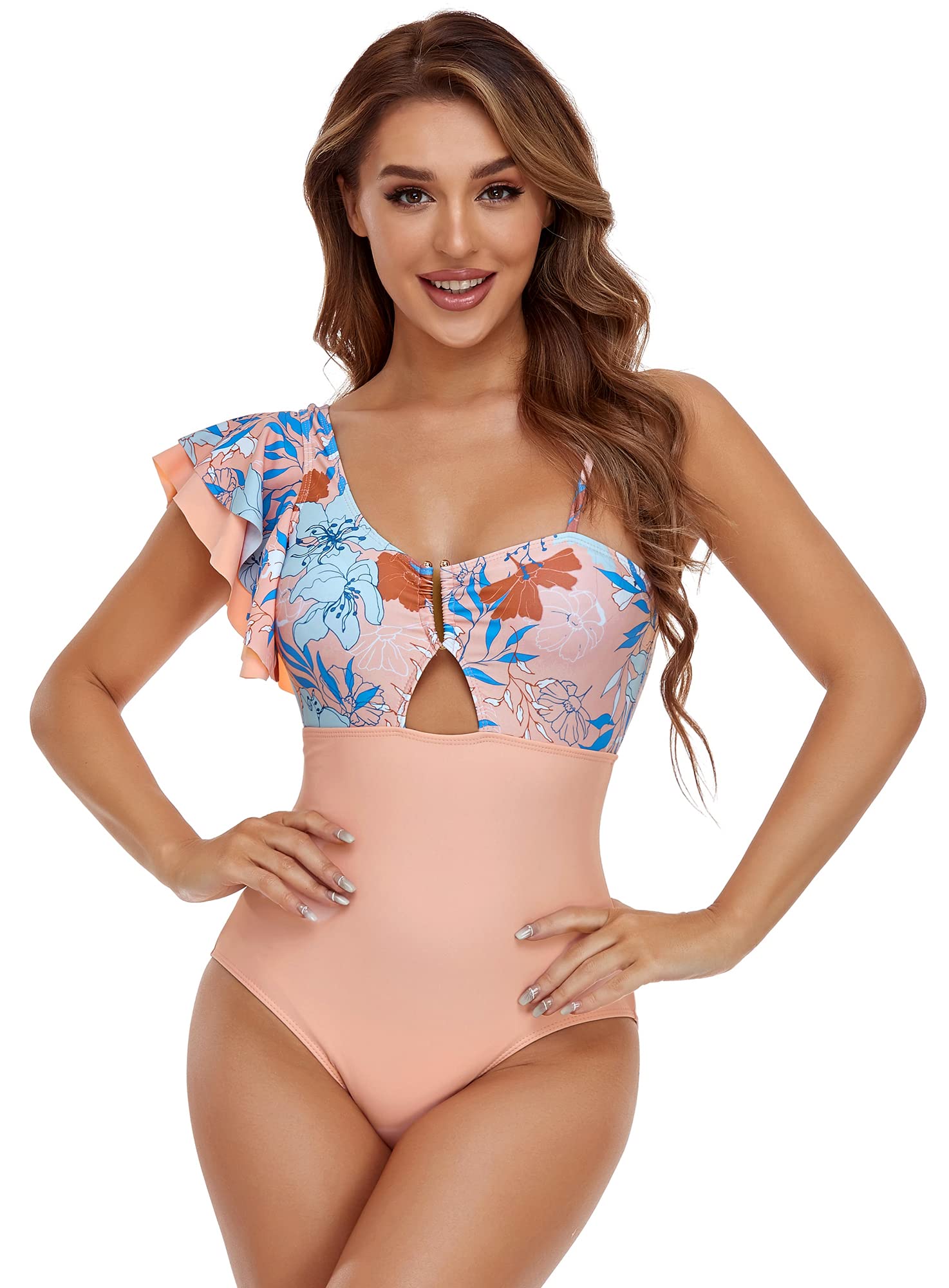 Sexy One-Shoulder Lotus Leaf Swimsuit for Women - Fashionable Spliced One Piece Bathing Suit | Beach Vacation, Pool Party, Summer Swimwear