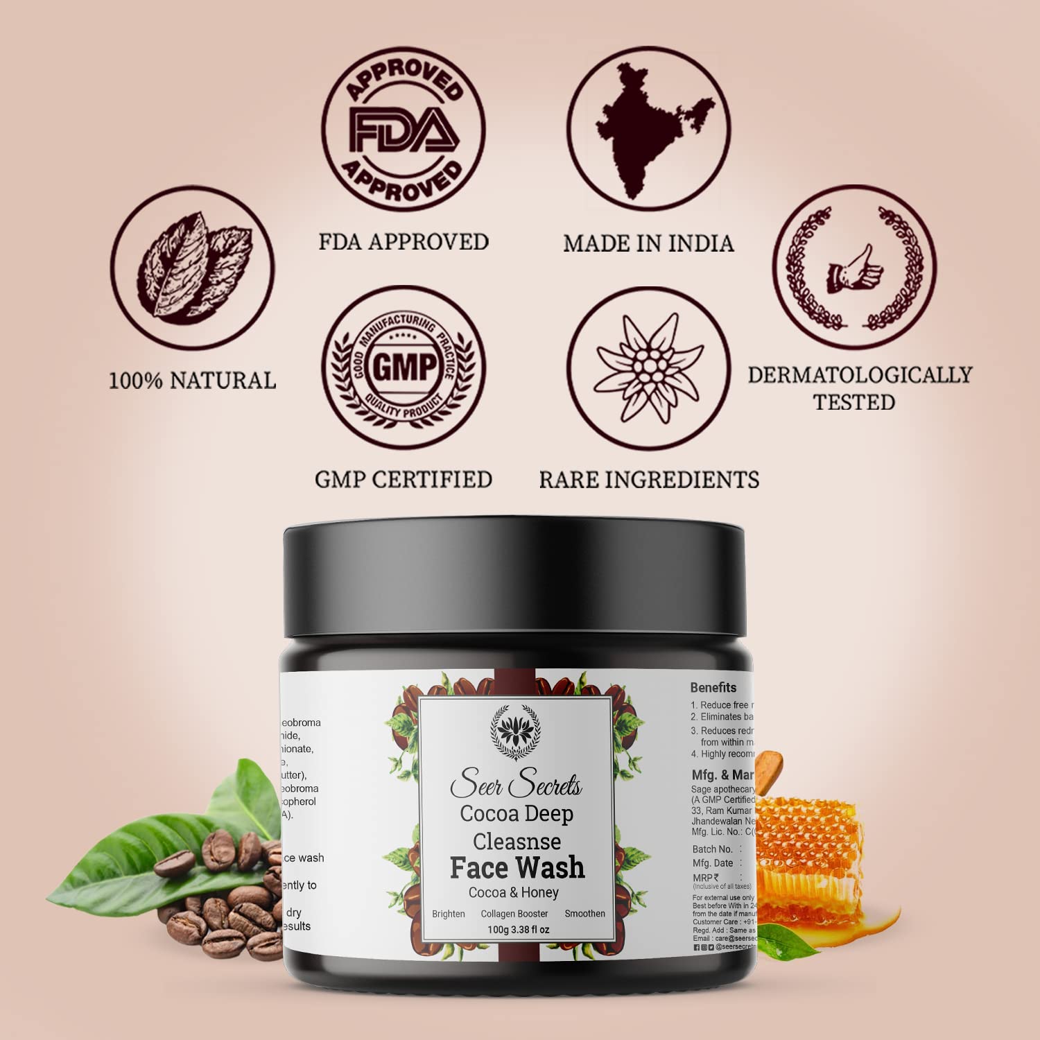 Seer Secrets Cocoa Deep Cleanser Face Wash for Women & Men – 100g | Deep Cleansing & Energizing Formula for Oily to Normal Skin | Daily Skincare Routine, Morning & Night Use