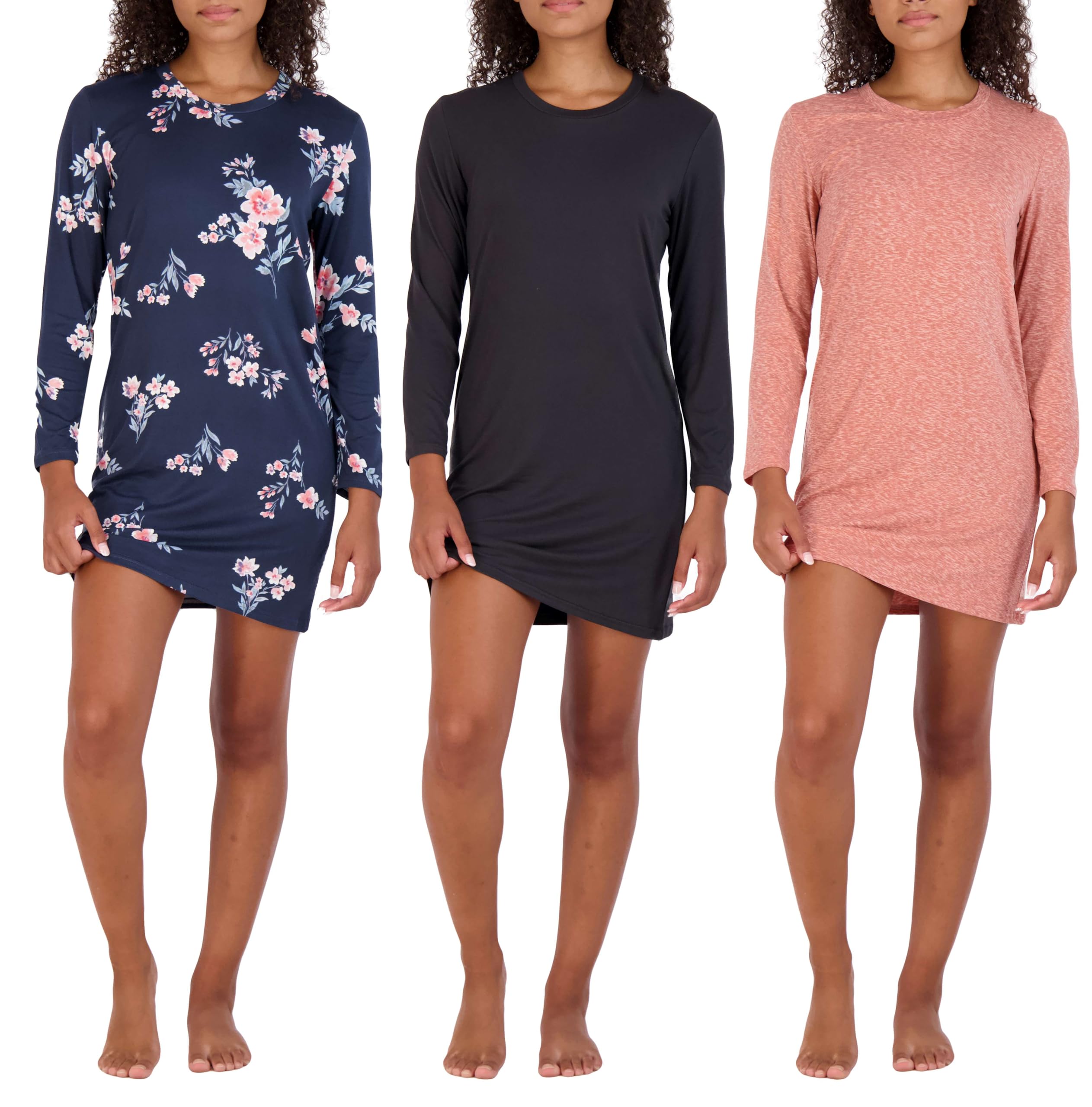 Real Essentials 3 Pack Women's Ultra-Soft Long Sleeve Nightshirt Sleep Dress - Floral Print Nightgown for Women & Plus Size - Cozy Loungewear for Relaxing at Home, Sleeping & Comfortable Nightwear