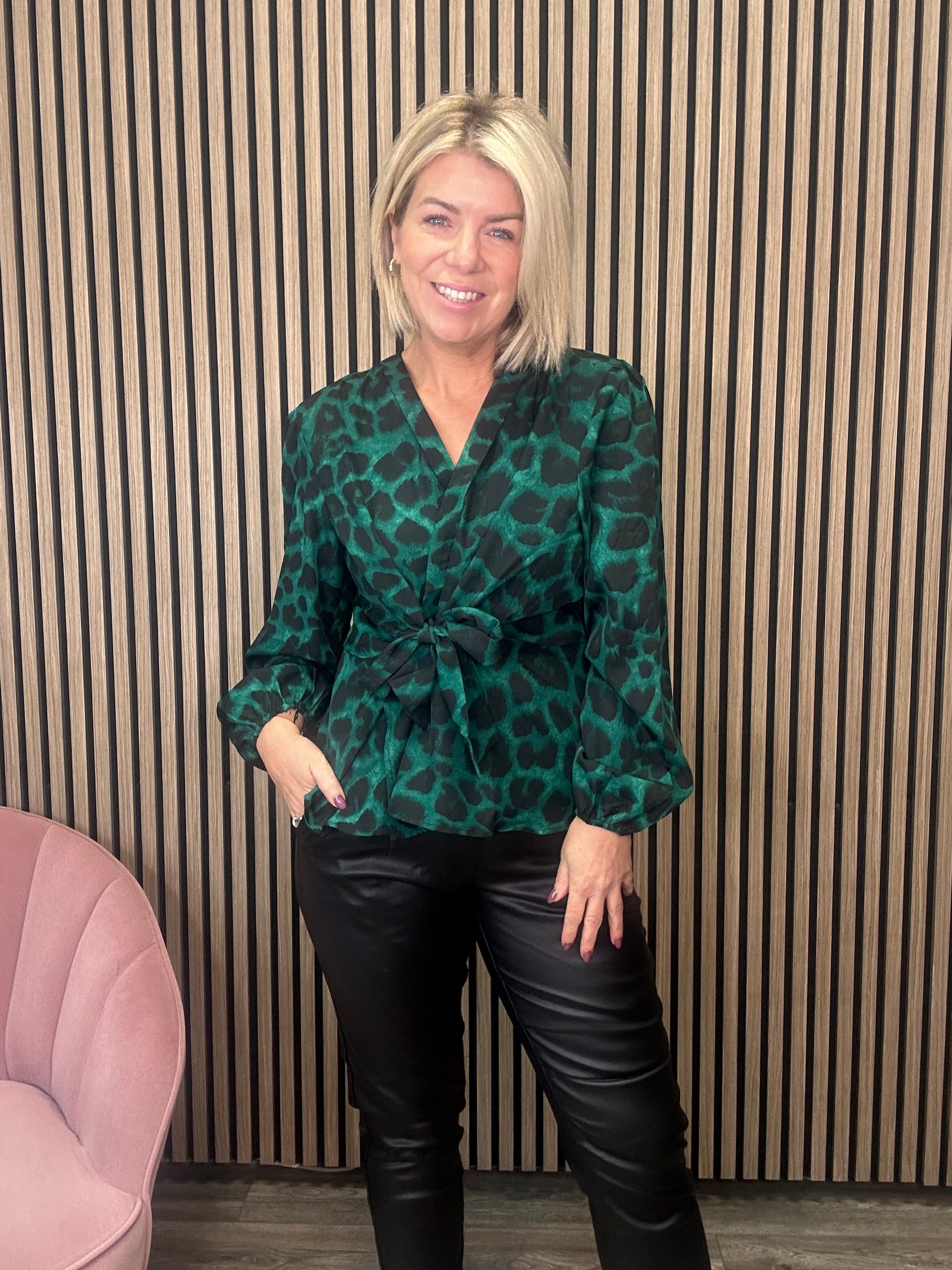 Brook Tie Front Top for Women - Green Animal Print Blouse, Casual & Elegant Style for Office, Date Night, and Summer Outfits