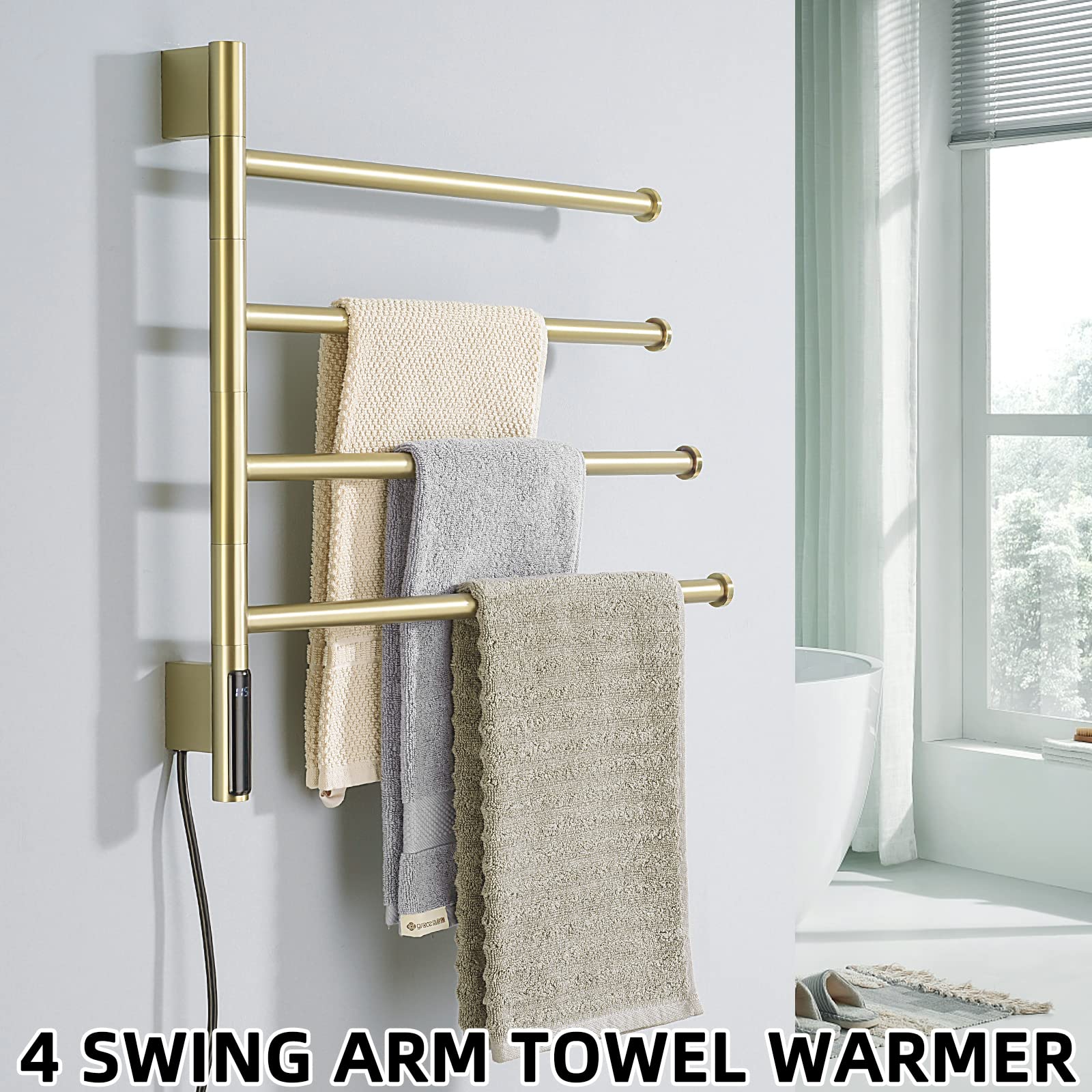 TRUSTMI 4-Arm Swivel Electric Towel Warmer Rack - Built-in Timer & Temperature Indicator, Wall Mounted Plug-in Heated Towel Rack for Bathroom (Brushed Gold) - Perfect for Spa, Luxury Hotels & Cozy Home Bathrooms