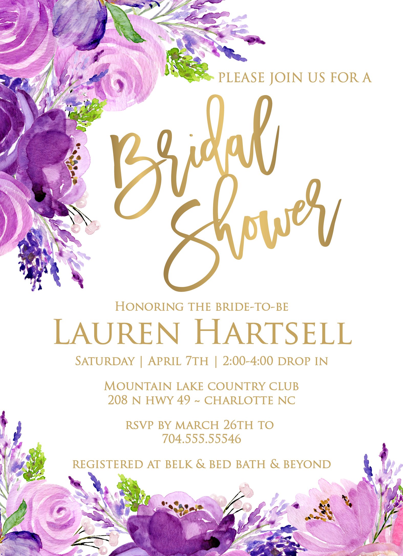 Lavender Roses Bridal Shower Invitation Cards - Elegant Purple Floral Design for Baby Showers, Its a Girl Parties & Wedding Events - 5x7 Premium Quality Stationery - Perfect for DIY Invites & Special Occasions