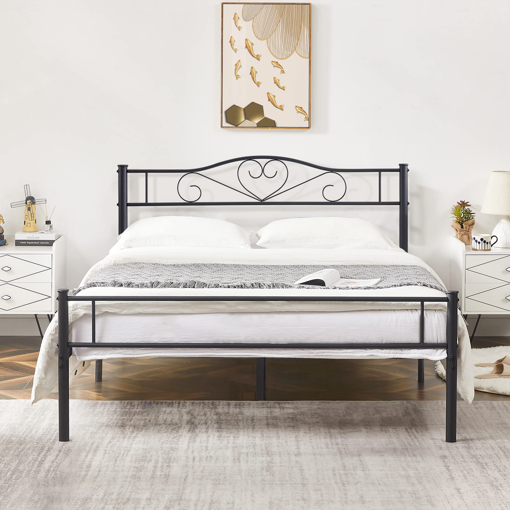 VECELO Heavy Duty Metal Platform Bed Frame with Decorative Headboard & Footboard - Full Size Mattress Foundation, Black - Sturdy Support for Bedroom, Guest Room, Dorm