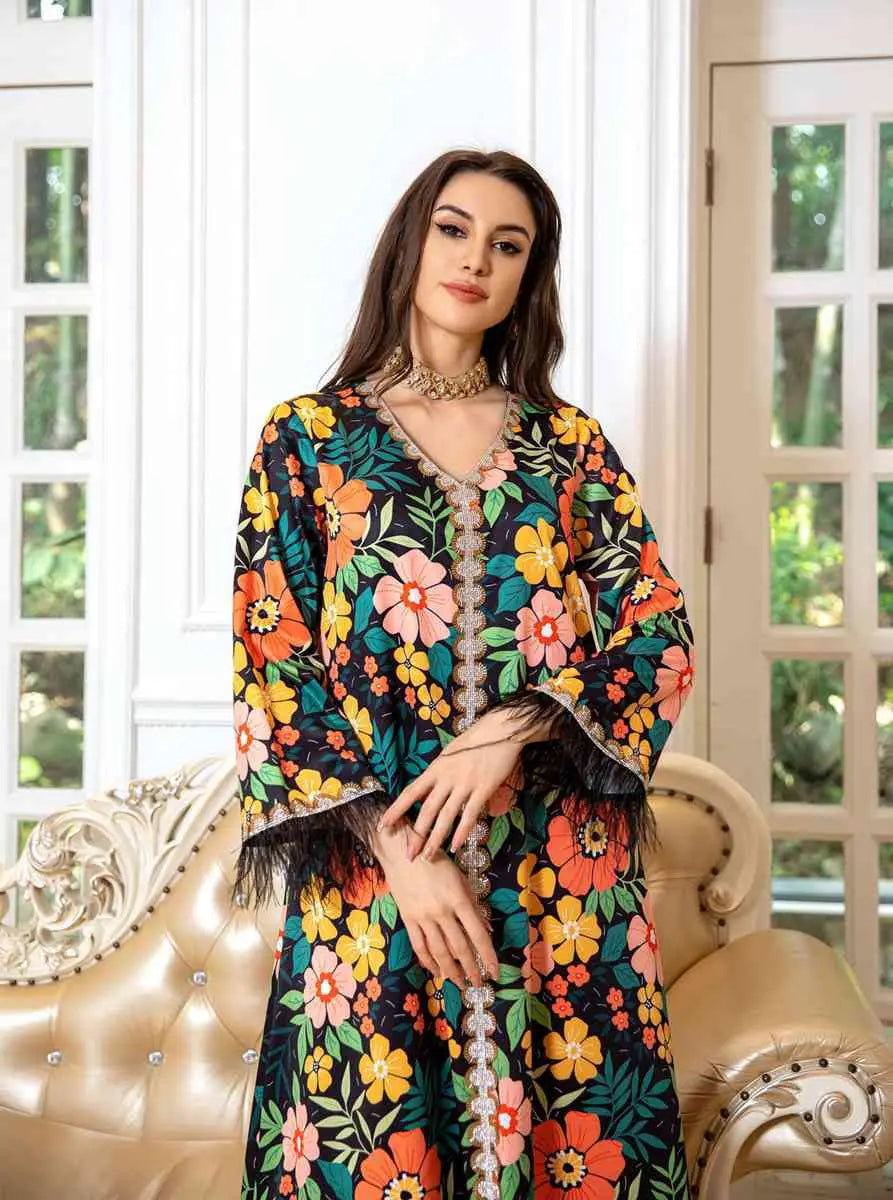 Elegant Hotfix Rhinestone Feather Sleeve Kaftan Dress for Women - Perfect for Eid, Parties, Weddings & Special Occasions