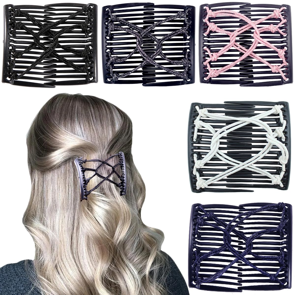 5-Pack Stretchy Magic Hair Combs - Double Comb Hair Forks & Clips for Women & Girls - Vintage Style Multipurpose Hair Accessories (Black, Gray, White, Pink, Blue) - Perfect for Updos, Braids, Ponytails & Everyday Styling