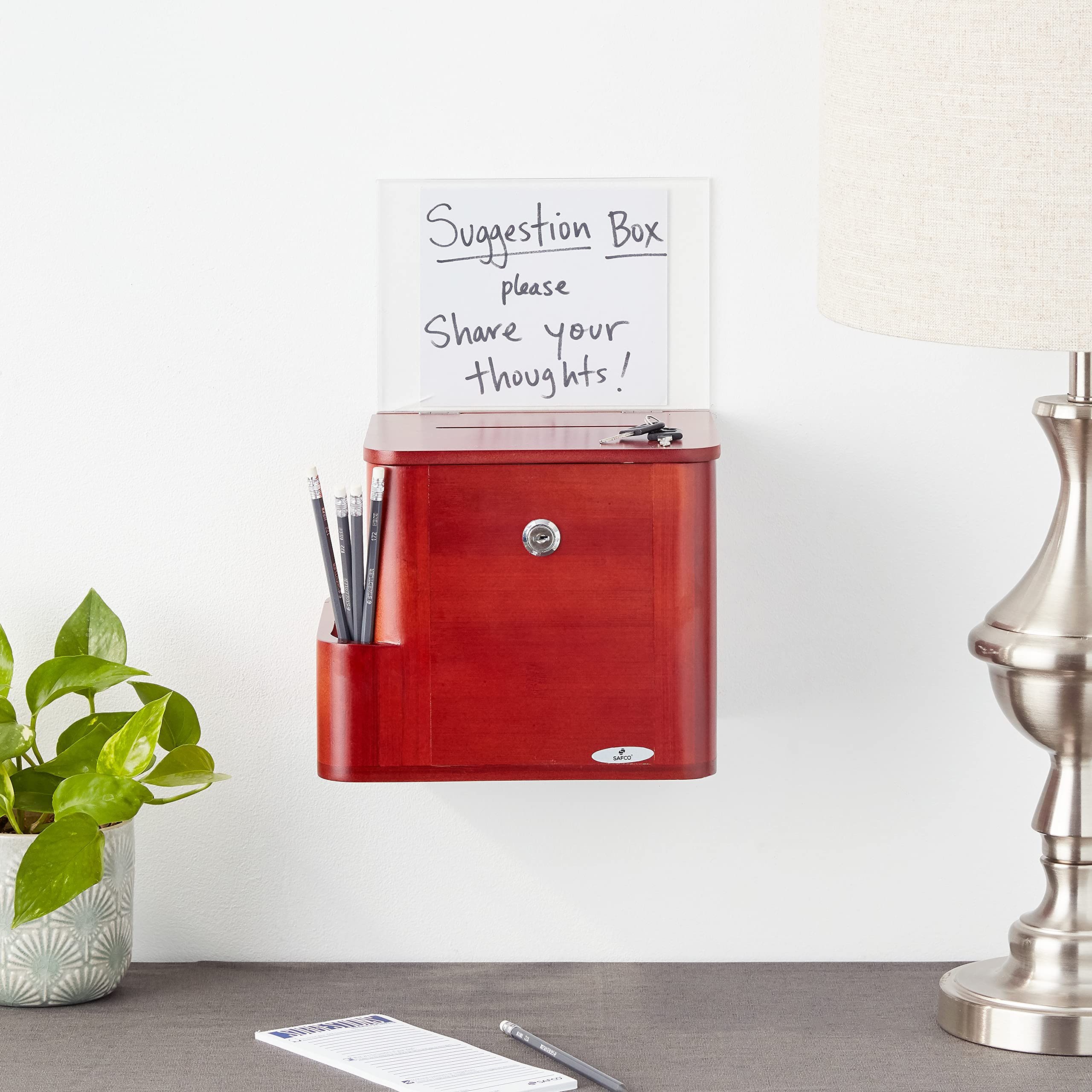 Safco 4237CY Bamboo Suggestion Box with Lock & Key - Secure Donation, Voting & Storage Solution for Offices, Schools & Events - Cherry Finish