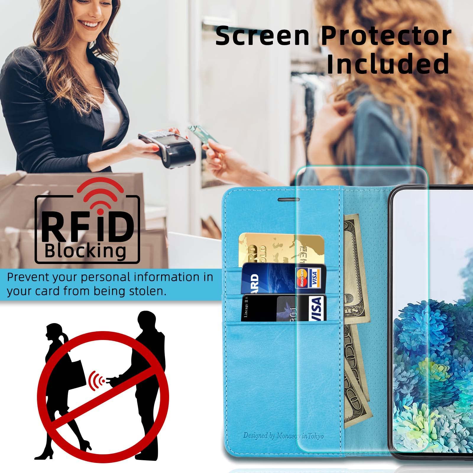 MONASAY Leather Wallet Case for Samsung Galaxy A13 5G - RFID Blocking Flip Cover with Card Slots & Included Tempered Glass Screen Protector | Perfect for Everyday Use, Travel & Business (Light Blue)