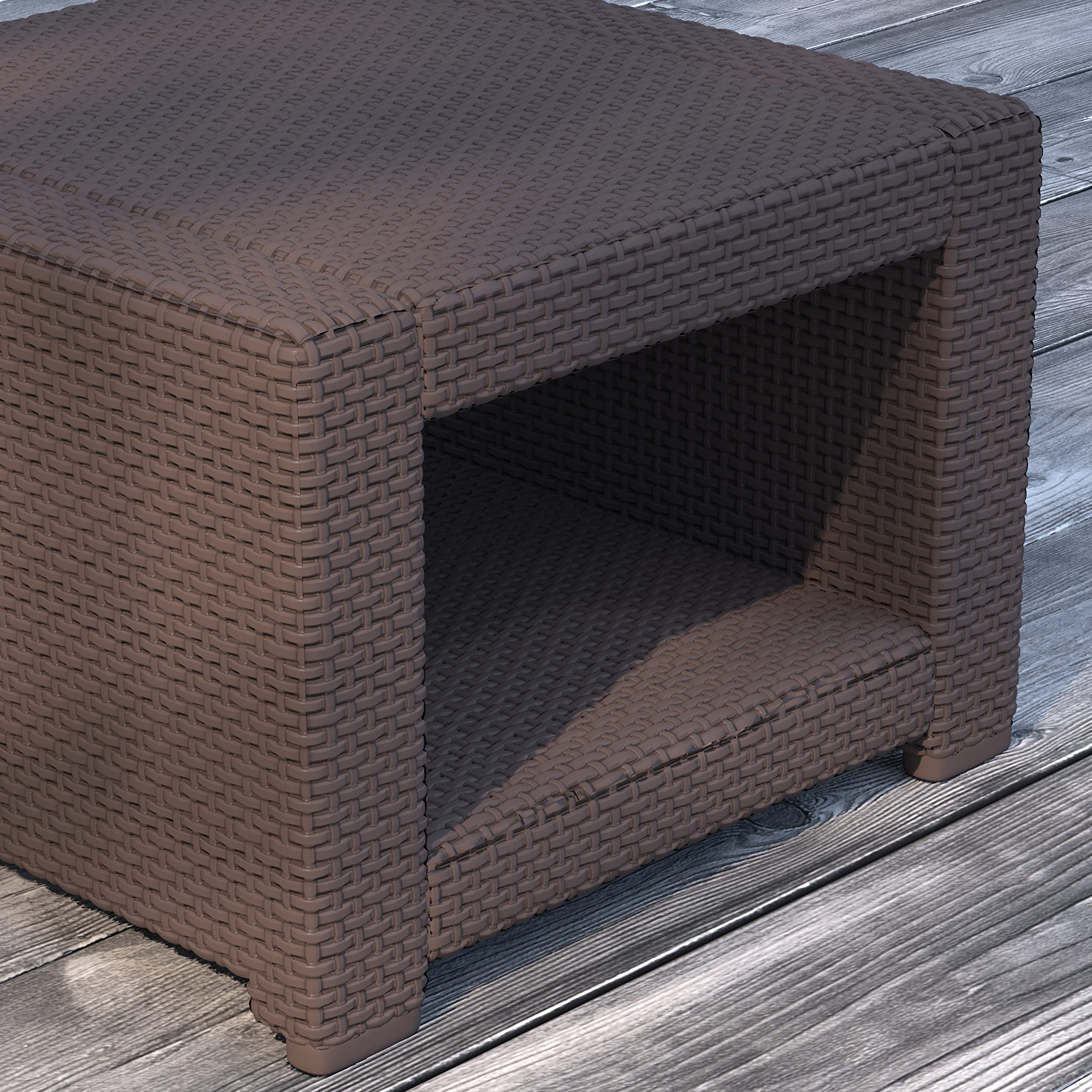 Merrick Lane Malmok Outdoor Side Table - All-Weather Chocolate Brown Faux Rattan Wicker Accent Table with Shelving - Perfect for Patio, Poolside & Garden Decor