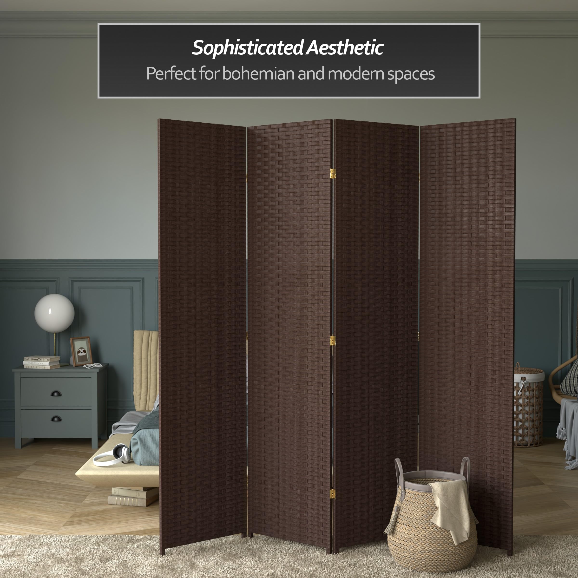 7 ft Tall Woven Fiber Red Lantern Room Divider - Dark Mocha 4 Panel Folding Screen for Home Decor, Office Partition & Asian-Themed Events